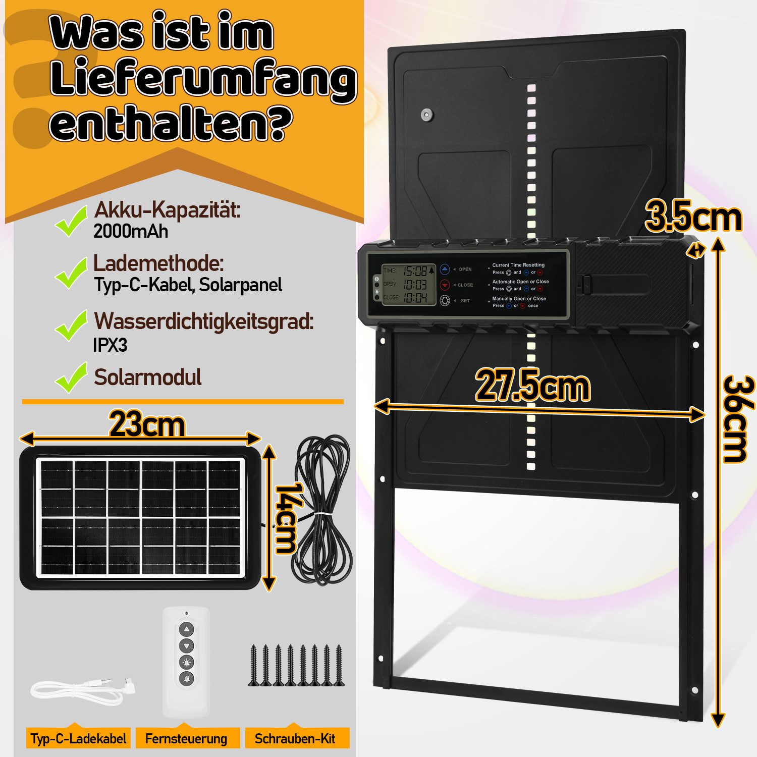 Clanmacy Hühnerstall Automatische Hühnerklappe Solar Timer-Steuerung, IPX3, 36x27.5cm