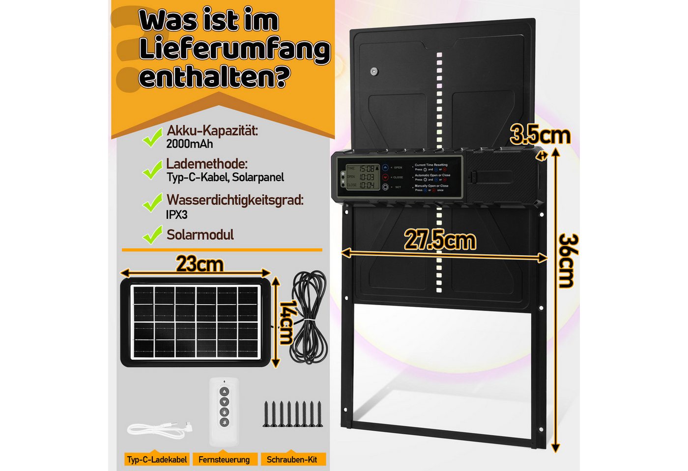 Thumbnail - Clanmacy Hühnerstall Automatische Hühnerklappe Solar Timer-Steuerung, Einklemmschutz,IPX3