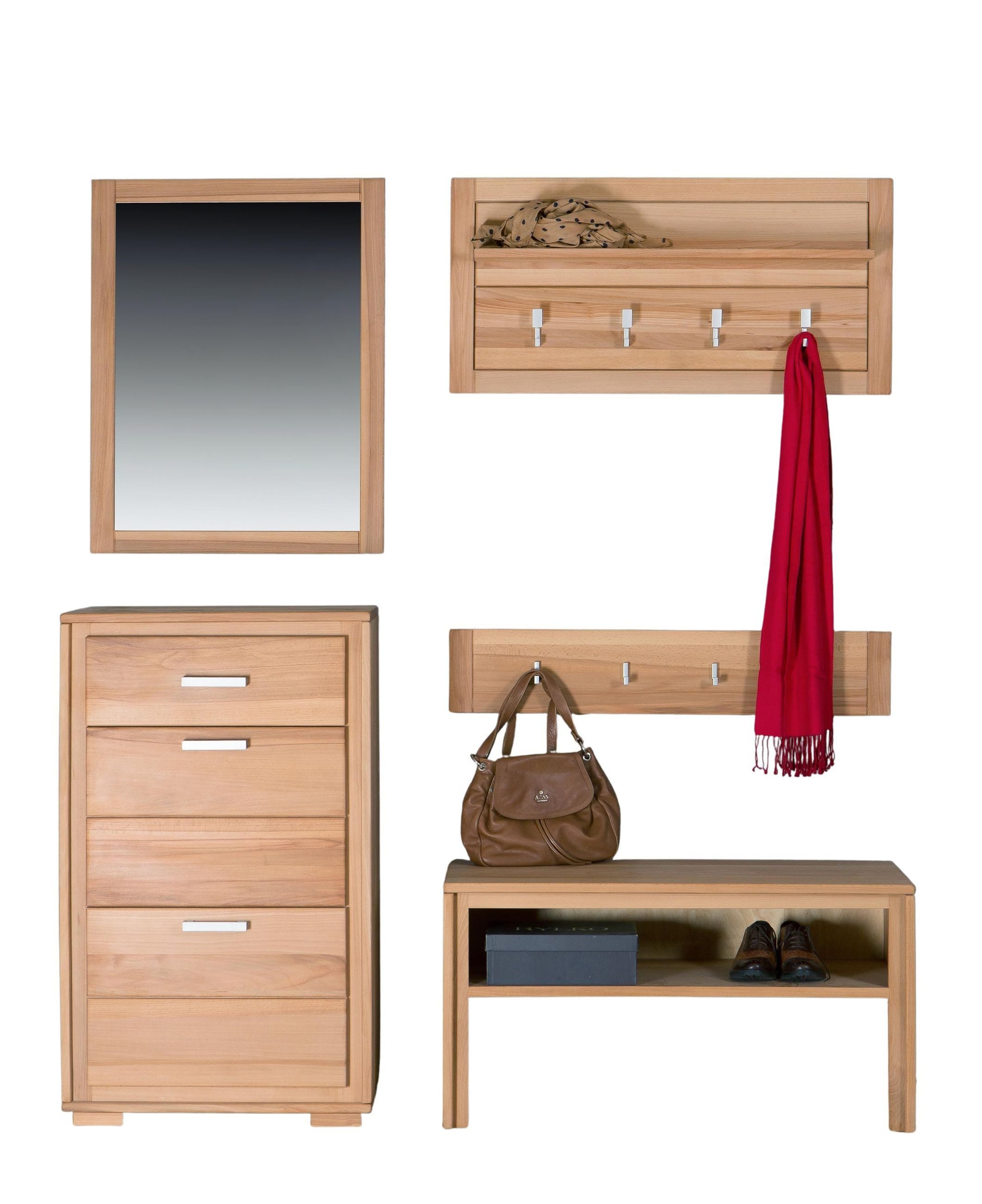 Trendmöbel24 Garderoben-Set Garderoben Set Genf IV Kernbuche Massivholz geölt/gewachst 5-teilig, (Komplett-Set, 5-St., Schuhschrank, Garderobenbank, Garderobenpaneel, Hakenleiste, Spiegel)