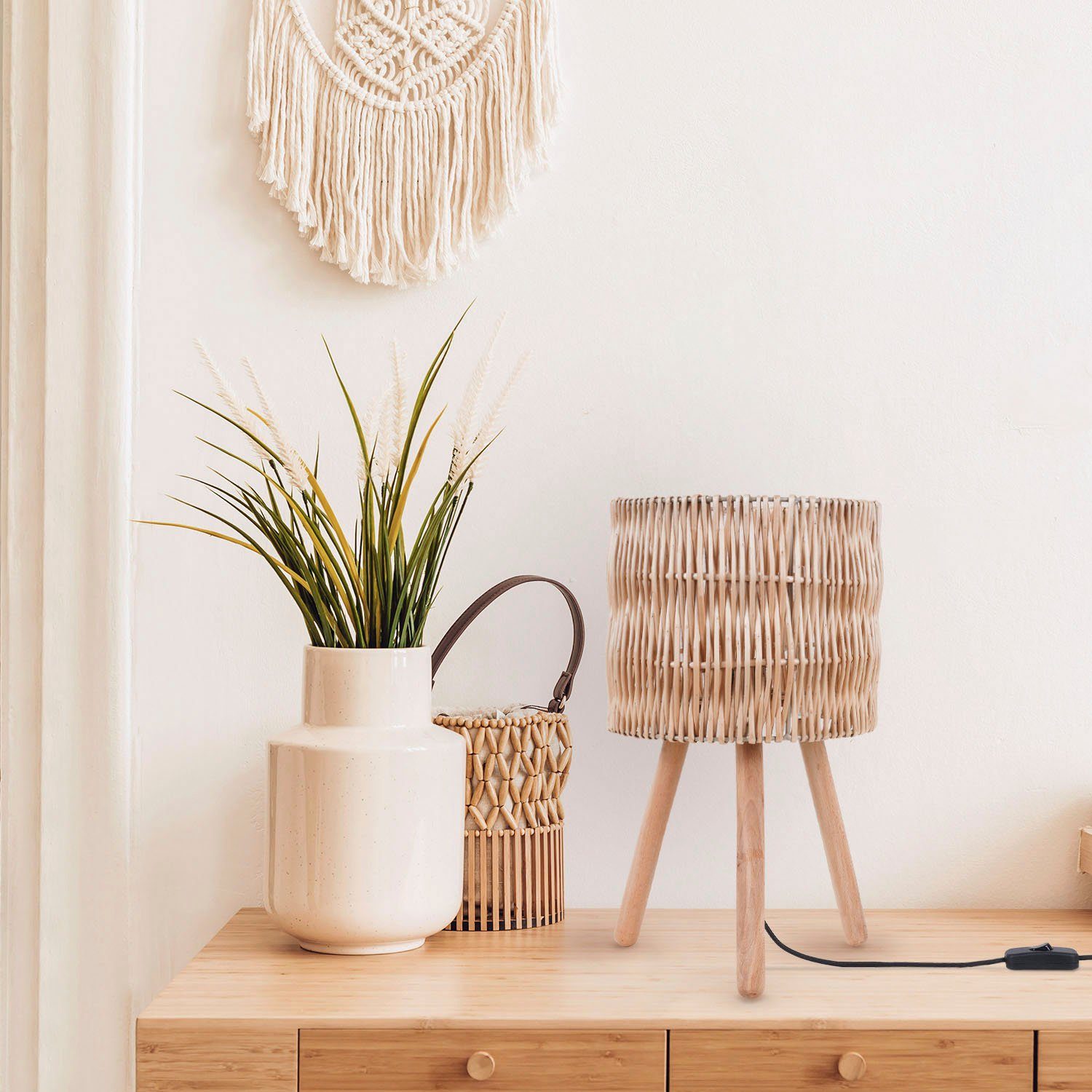 Paco Home Tischleuchte JORGE, ohne Leuchtmittel, Schreib Nacht Lampenschirm Korb Boho Holz E27
