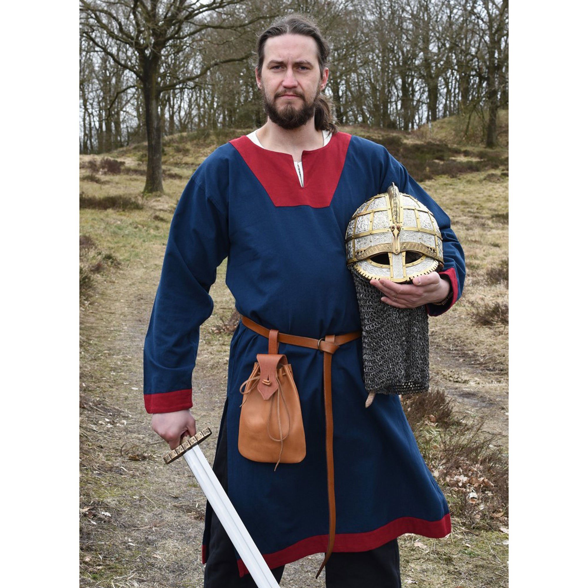 Battle Merchant Wikinger-Kostüm Mittelalterliche Tunika Vallentin, blau/rot XXL