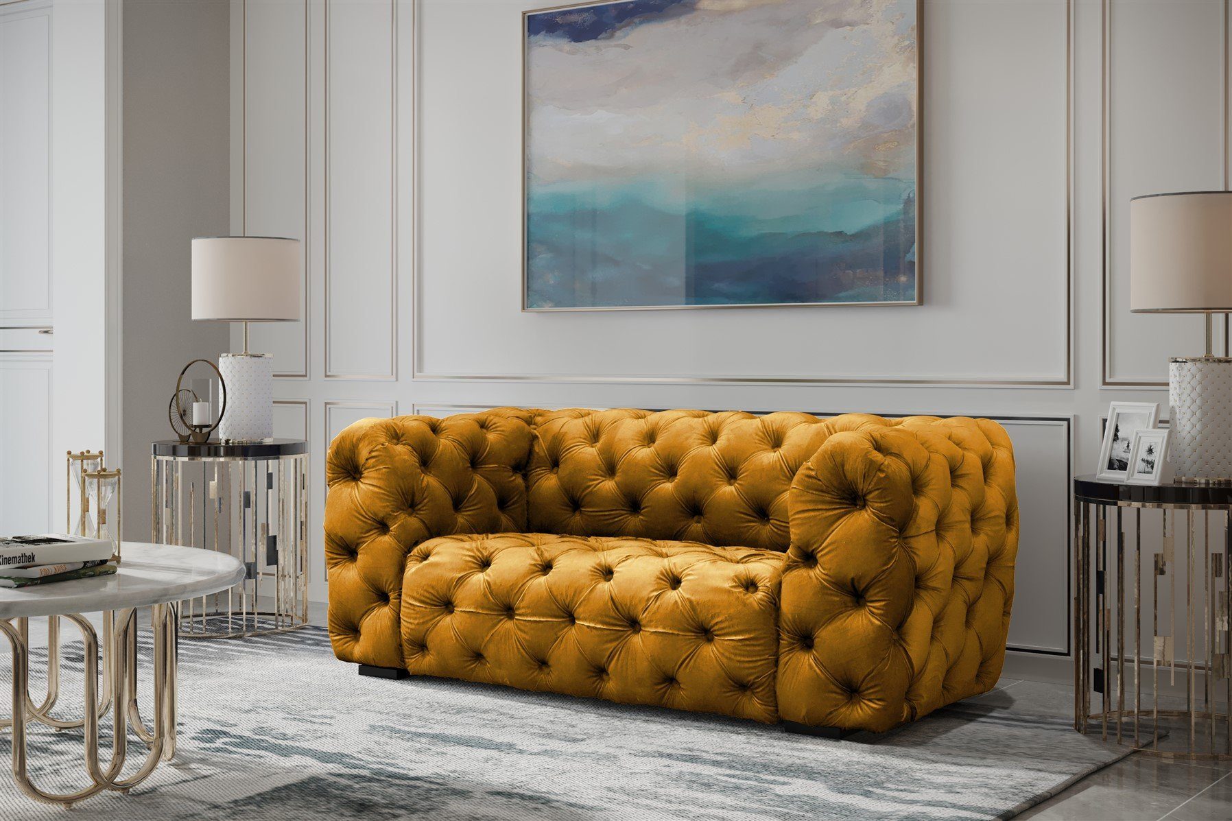 Fun Möbel Sofa Sofa Designer-Sofa NATALIE 2-Sitzer in Stoff, 1 Teile, Rundumbezug Goldgelb