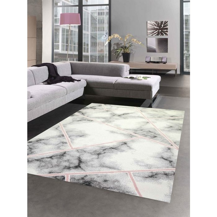 Teppich Teppich Marmor Design Wohnzimmer Flur rosa grau creme - pflegeleicht Carpetia rechteckig Höhe: 9 mm