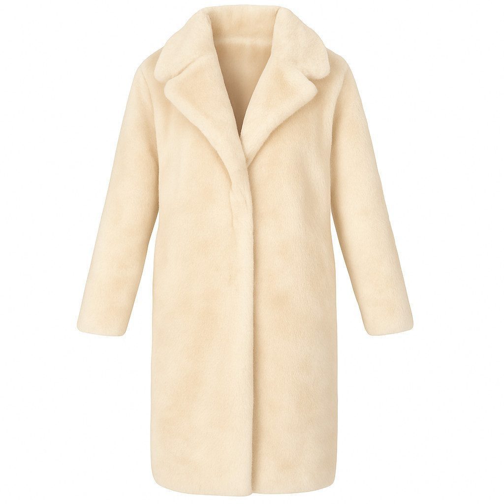 Aurela Damenmode Fellimitatmantel Damen Fellimitatmantel softer Plüsch Mantel LONG COAT mit Reverskragen, mit Druckknöpfen