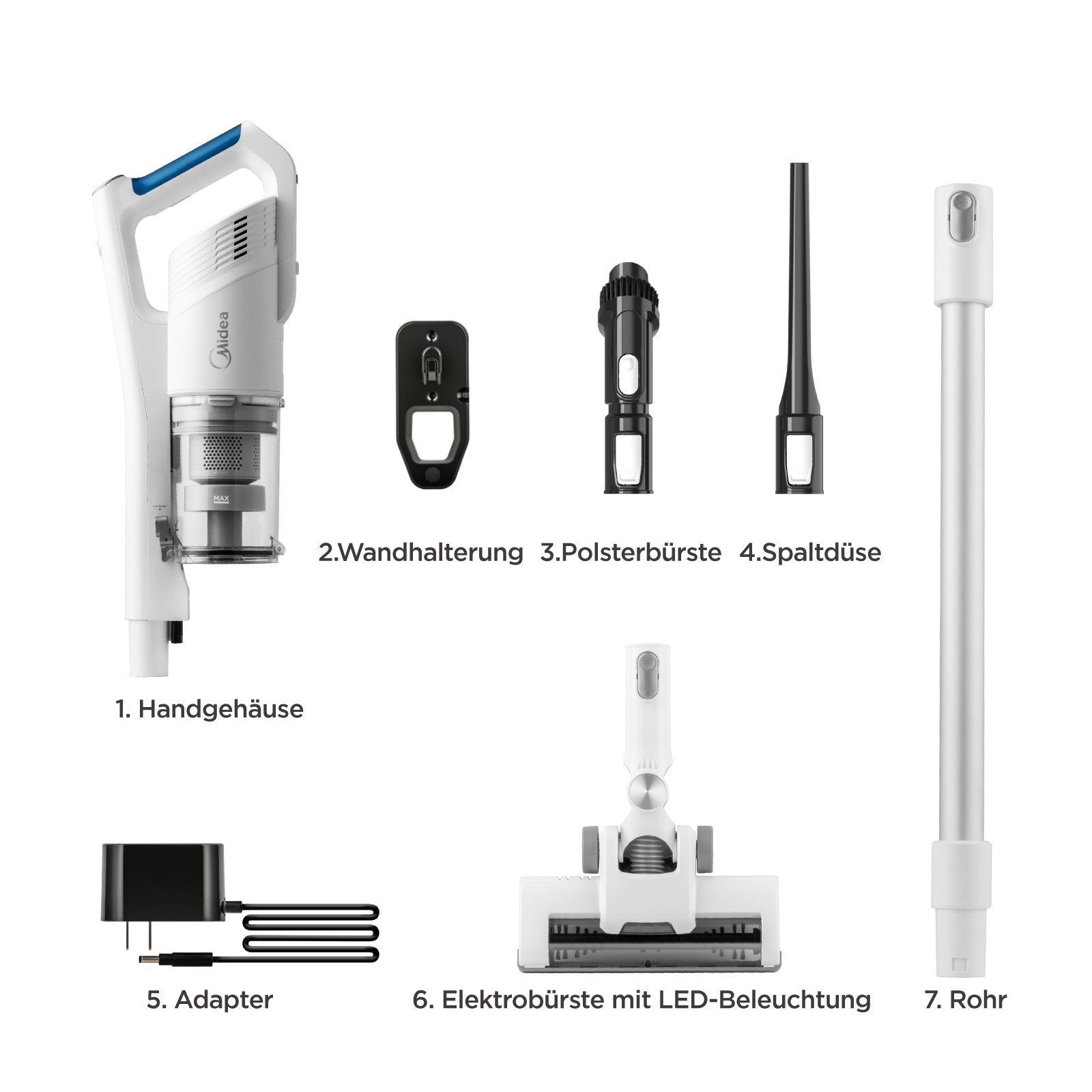 Midea Akku-Handstaubsauger 150,00 einstellbar(4000-8000),LED-Beleuchtung, Kabelloser Elektrobürste, Stufen zu Min,2 W, Fugendüse,Staubbehälter-Weiß Handstaubsauger, Beutellos,bis 45 ‎MCS2021WB