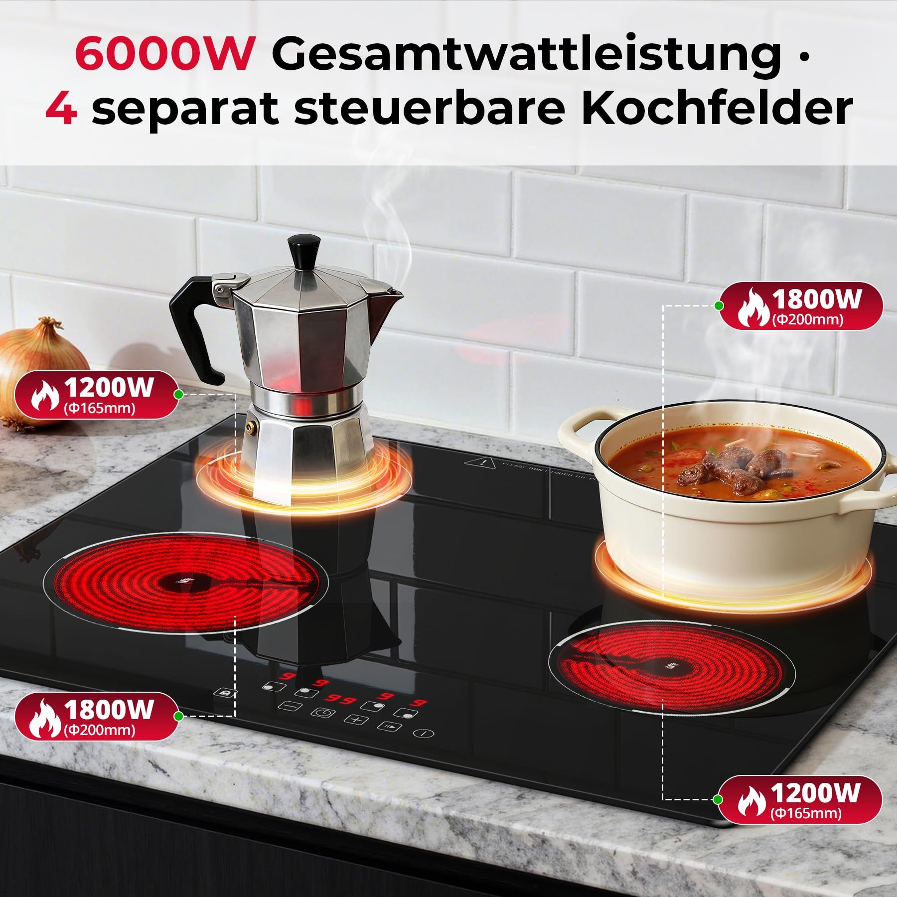SNDOAS Elektro-Kochfeld, Glaskeramikkochfeld 60 cm, 4 Kochzonen 6000 W, für alle Töpfe