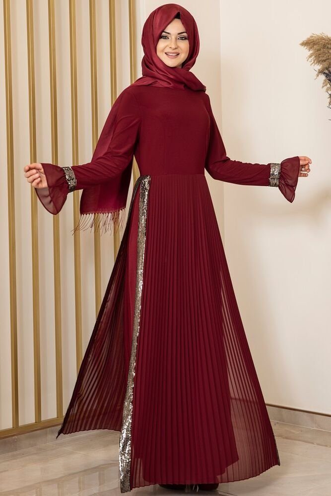 Modavitrini Maxikleid Damen Hijab Abendkleid Lila mit Pailletten Modest Fashion Abiye Abaya Faltendetail Rock Bordeaux
