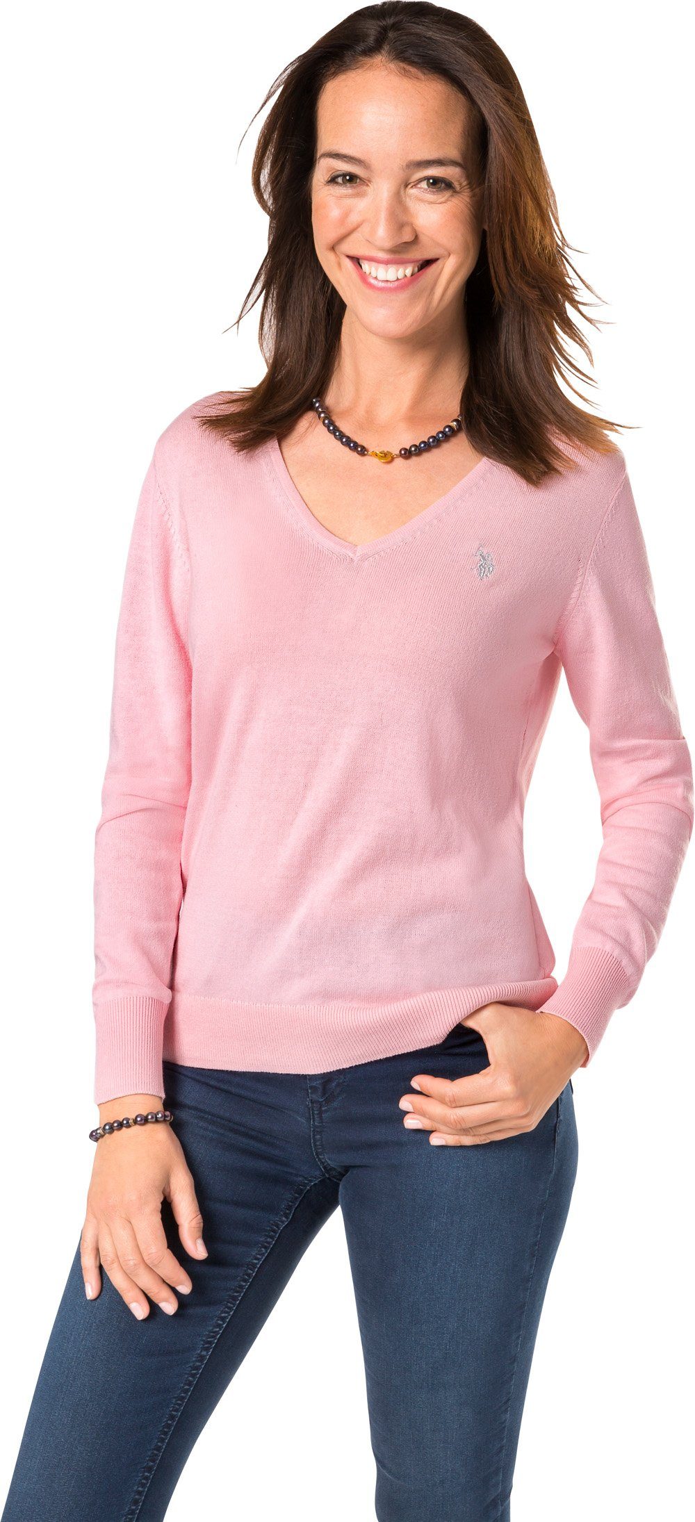 Assn tailliert Baumwollmix-Strick weichem U.S. V-Ausschnitt-Pullover leicht und rosa aus Polo