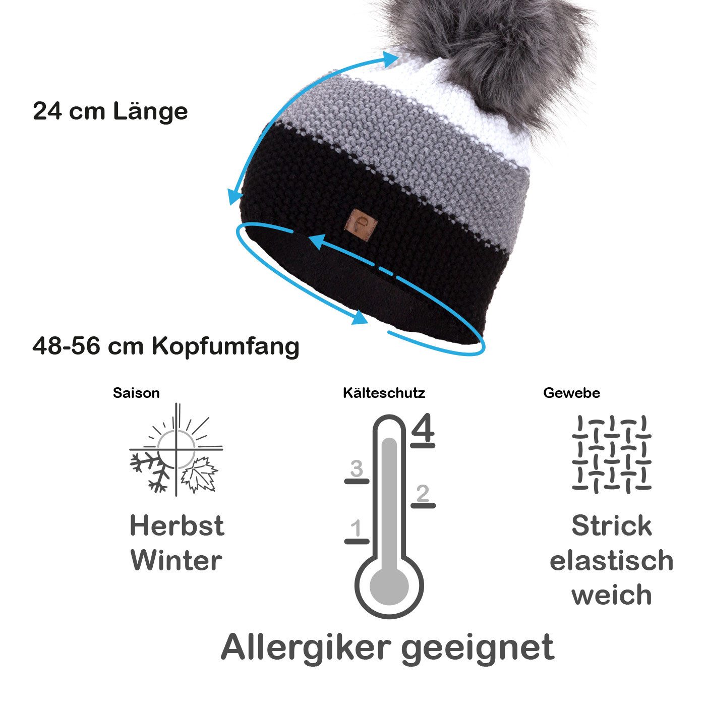 Faera Bommelmütze Wintermütze Damen Herren Mütze Beanie Haube gefüttert Bommelmütze