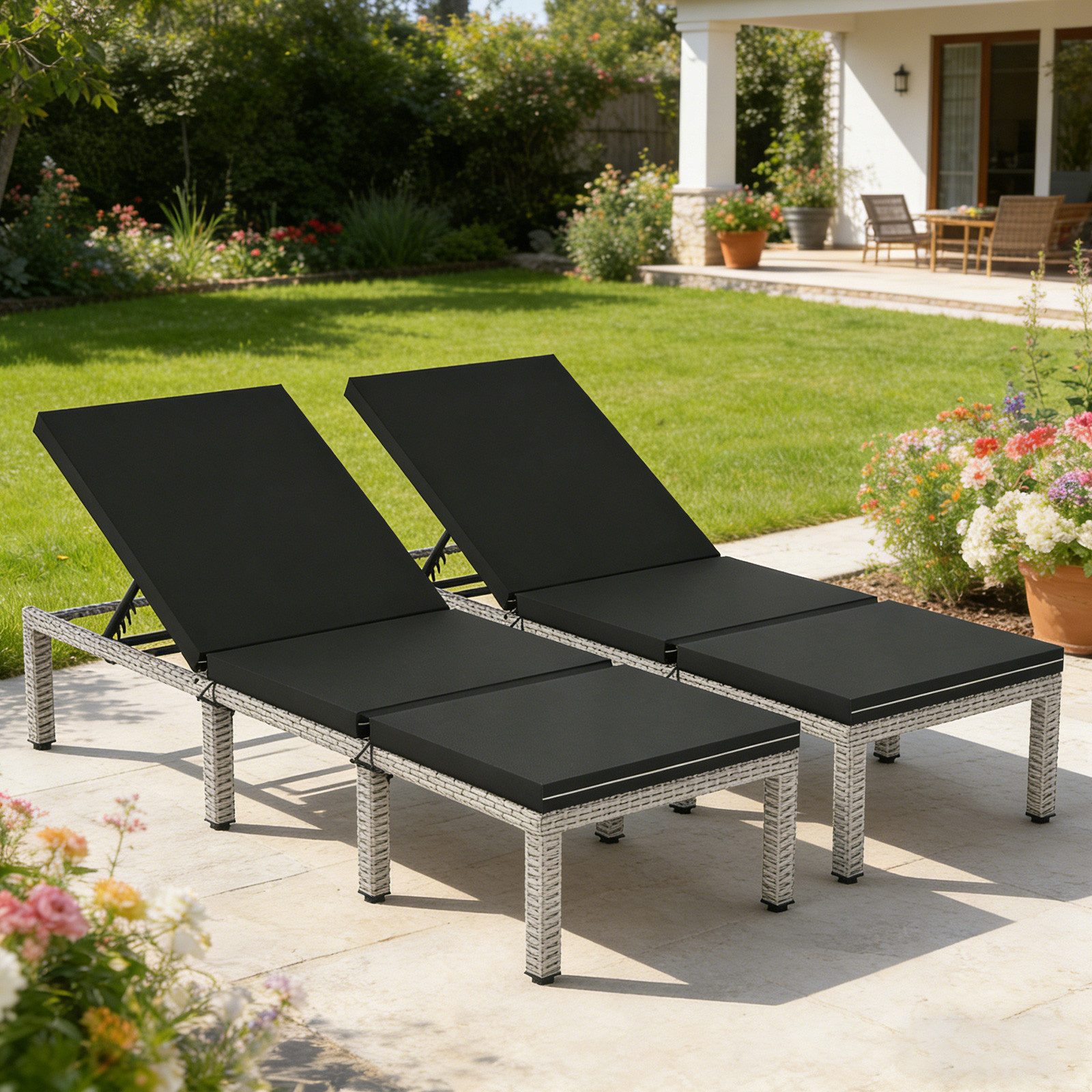 Huracan Gartenliege Sonnenliege mit 5-Fach höhenverstellbarer Rückenlehne, Gartenliege Daybed Outdoor mit Bequemer Polsterauflage, 2 St., Relaxliege Rattan Polyrattan für Innen und Außen Balkonliege