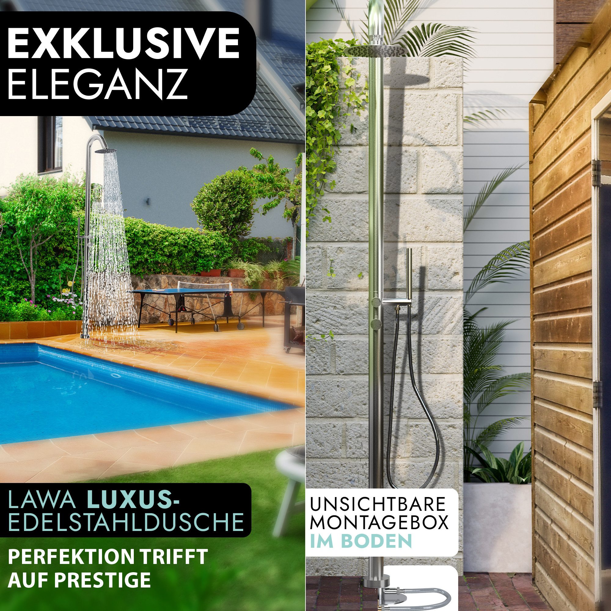 LAWA Living and Lifestyle Gartendusche Outdoor 304 / V2A Edelstahl gebürstet rostfrei Handbrause Regendusche (Warmwasserdusche I Kaltwasserdusche, restentleert - winterfest), 2 Anschlüsse Pooldusche Außendusche Sauna