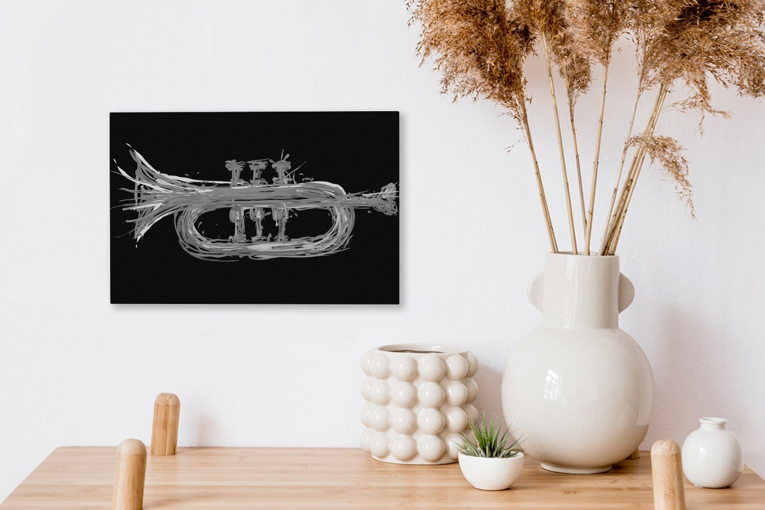 OneMillionCanvasses® Leinwandbild und 30x20 Trompete Illustration Wandbild St), - einer (1 Wanddeko, cm weiß, Aufhängefertig, schwarz Leinwandbilder