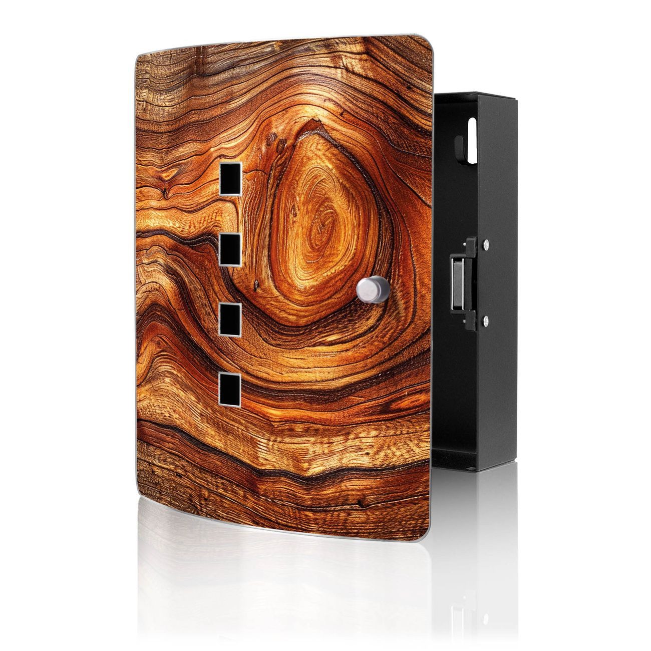 banjado Schlüsselkasten Edelstahl mit Motiv Holz Gemasert Astloch (verstellbarer Magnetverschluss, mit 10 Haken, gebogene Tür, einstellbarer Magnet), 24 x 21,5 x 7 cm
