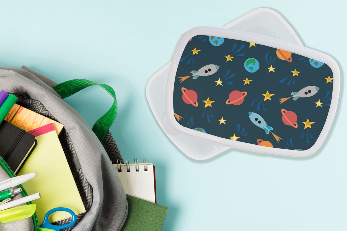 Erwachsene, Muster weiß Brotbox für - Jungen Jungs - und Weltraum Kinder Mädchen - (2-tlg), - Brotdose, Lunchbox und MuchoWow - - Erde Kinder, Kinder Rakete Kunststoff, für