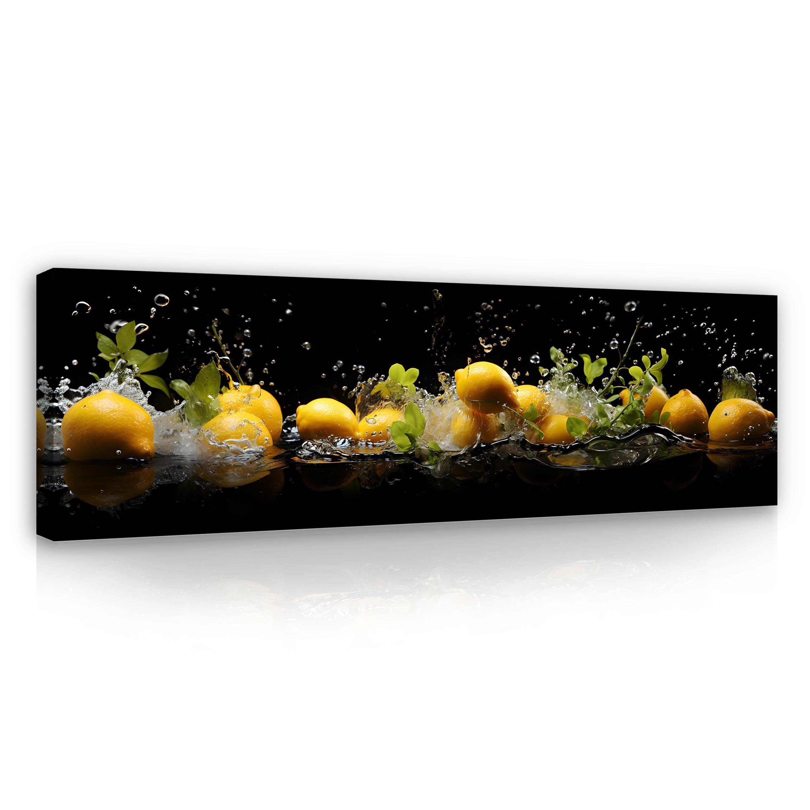 Wallarena Leinwandbild Küche Obst Zitronen Wasser Schwarz Wandbild XXL Leinwandbilder Modern, Obst (Einteilig, 1 St), Leinwandbild Leinwand Bilder Bild Groß Aufhängefertig