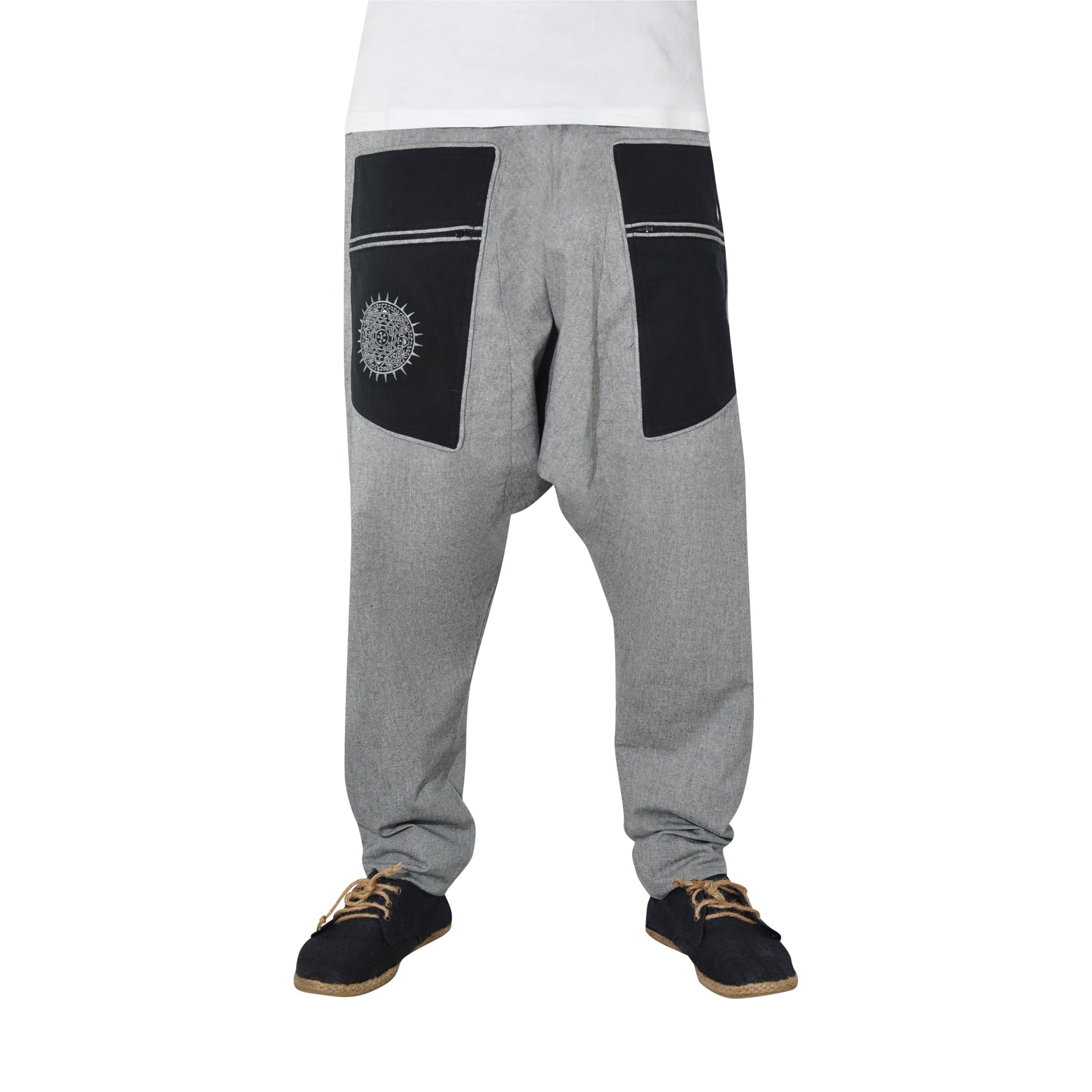 virblatt Haremshose Herren, Baumwolle, Aladinhose Herren Goa Hose Pumphose Hippie Hose Gesticktes Mandala auf der Seitentasche