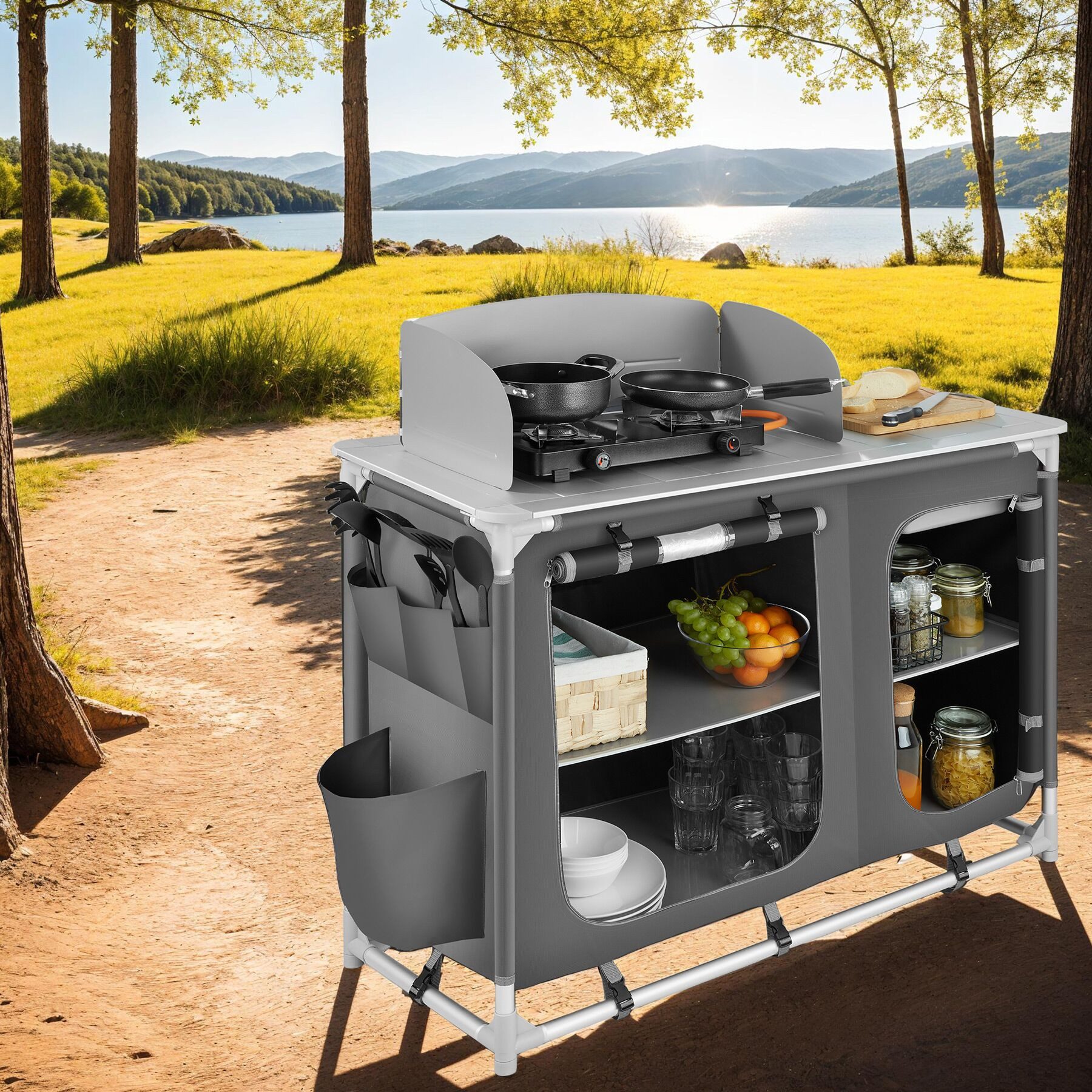 tectake Campingtisch Camping-Klapptisch, Maße: 116 x 52 x 107 cm, wetterbeständig (Outdoor-Tisch, 1-St., in grau), Faltbar, mit viel Stauraum, Windschutz und Spülbecken, mit Tragetasche