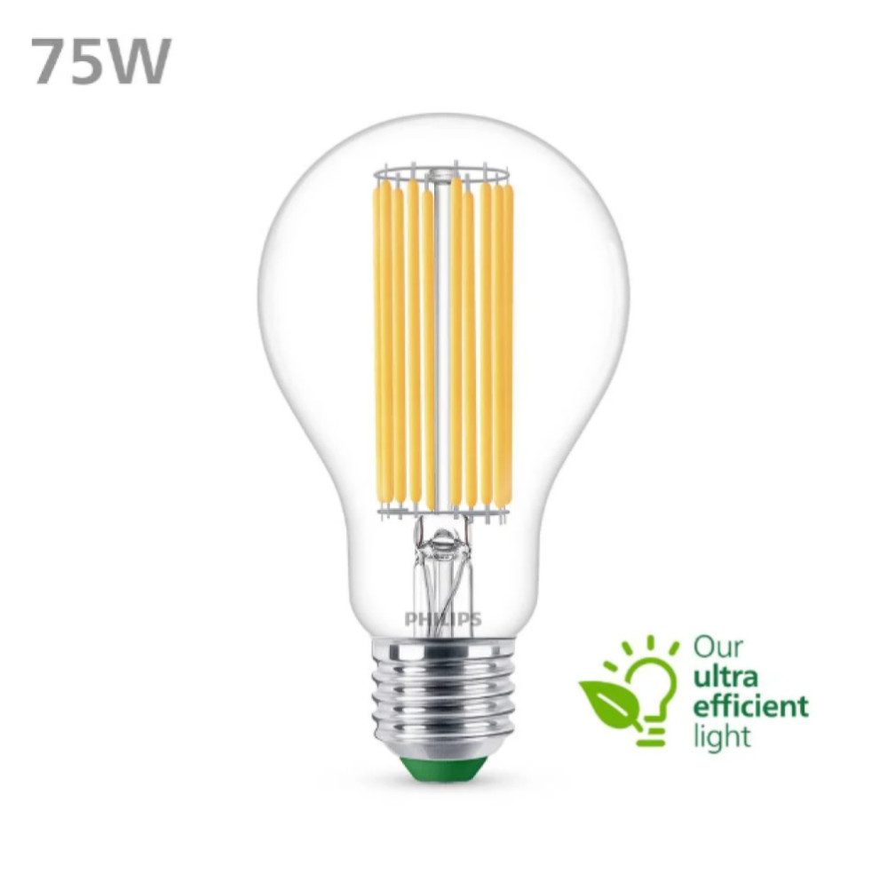 Philips LED-Leuchtmittel LED E27 A70 Filament Klar 5,2W = 75W ULTRA EFFIZIENT 1095lm Kalt 4000K, E27, Kaltweiß, Filament klar