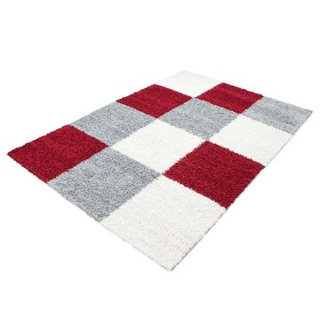 Hochflor-Teppich Shaggy Teppich Hochflor Langflor Teppich Wohnzimmer Teppich Gemustert in Karo Design Rot Grau Creme, Teppich-Traum, rechteckig, Höhe: 30 mm