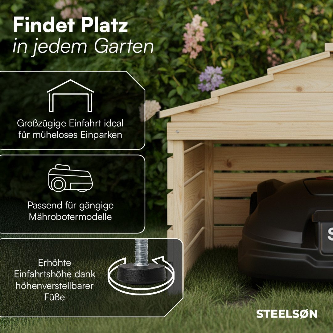 STEELSØN Mähroboter-Garage Nembus aus Kiefernholz, BxTxH: 74.5x78.5x53.5 cm, (natur, mit abnehmbaren Dach), Mähroboterhaus mit Kabeldurchlass, Rasenmäher Unterstand