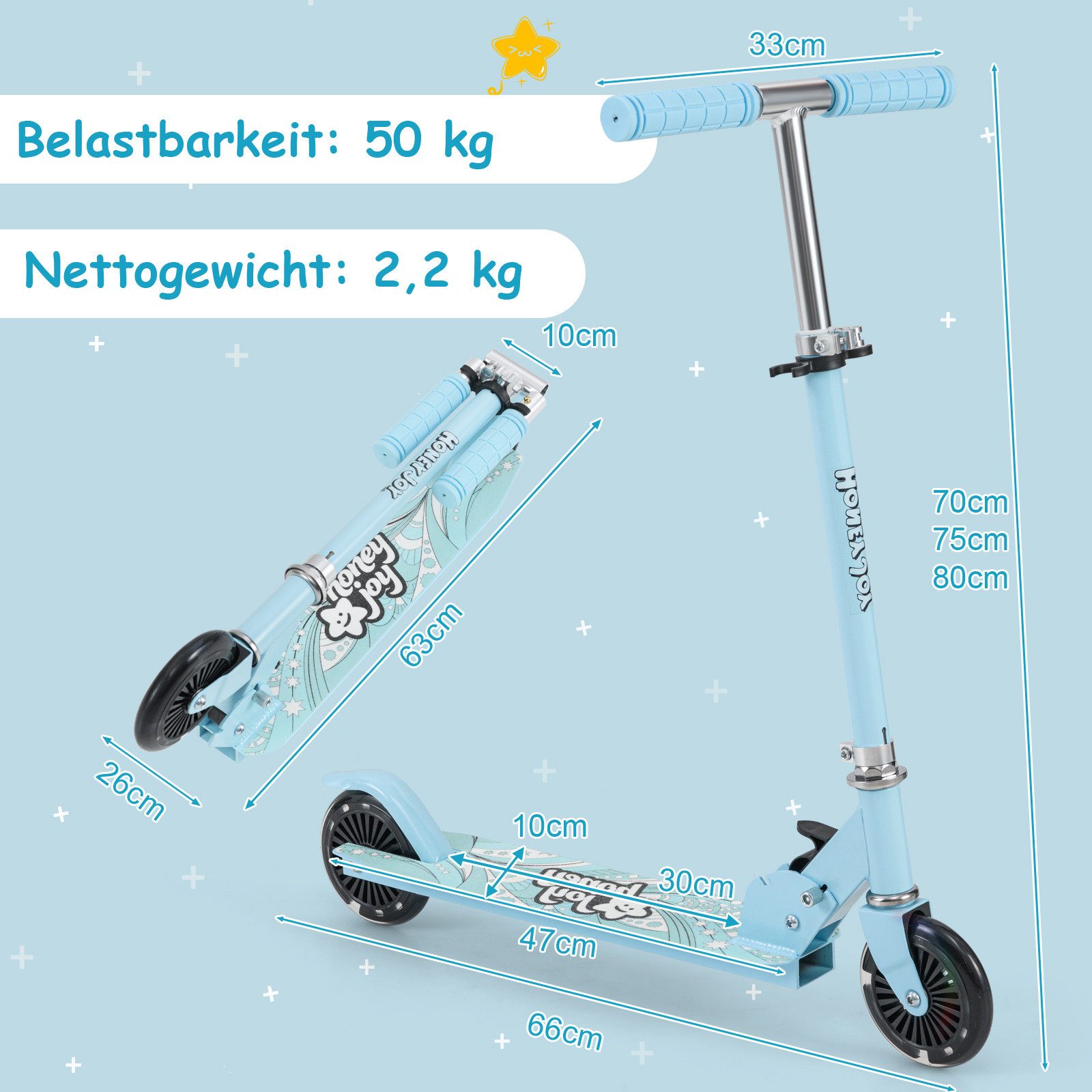 COSTWAY Cityroller Kinder Scooter, höhenverstellbar, klappbar, mit 2 LED Räder