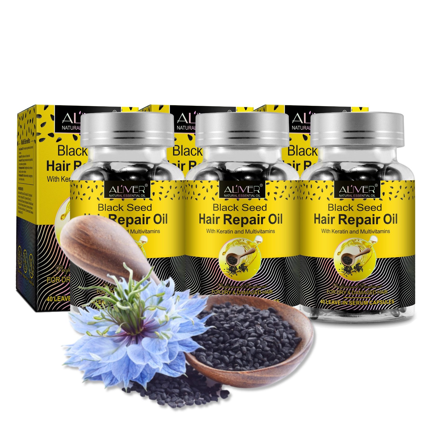 ALIVER Haaröl Schwarzkümmelöl Haarwachstum Kopfhaut Haarpflege in Kapseln Bio Vegan, 3-tlg.