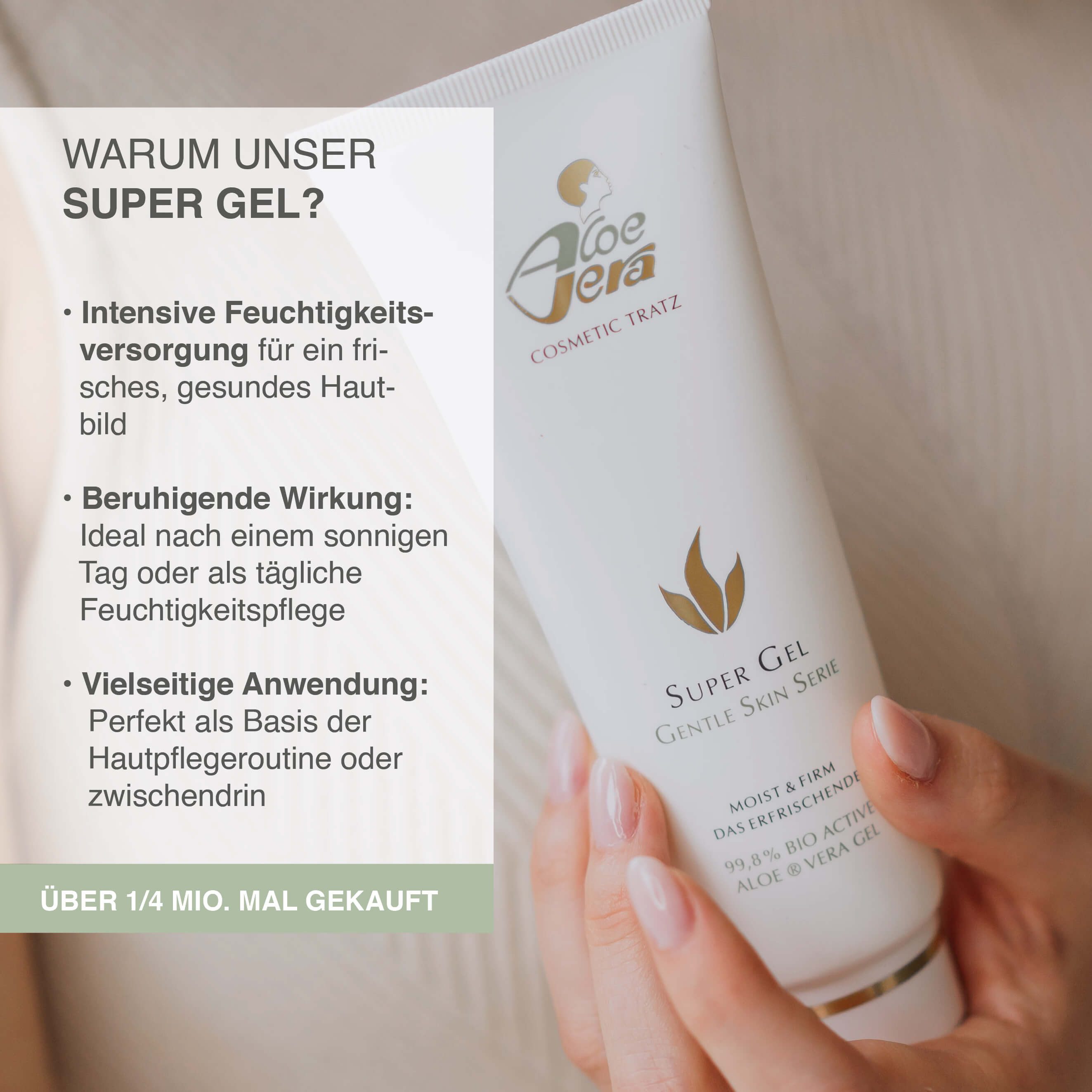 Aloe Vera Cosmetic Tratz Feuchtigkeitsgel Super Gel GENTLE SKIN 99,8% Bio Active Aloe Vera, 1-tlg., Frei von Duftstoffen, Mineralölen, Parabenen und PEG’s Made in Germany