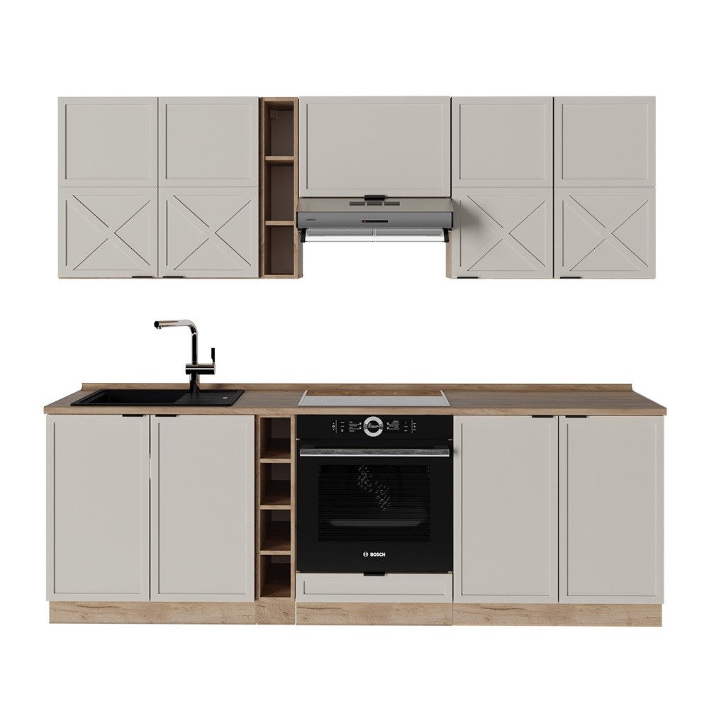 Vicco Küchenzeile Fame-Line, GrauBeige/Goldkraft Eiche/Goldkraft Eiche, 235 cm ohne A...