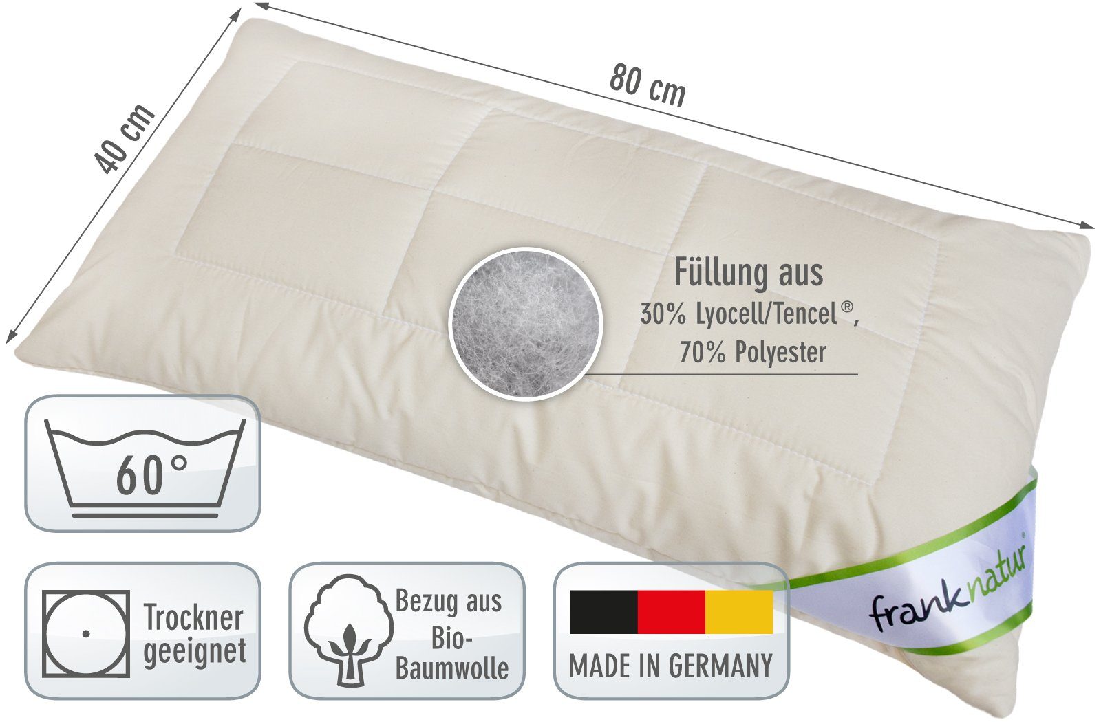 franknatur Kopfkissen Kissen Lyocell, Füllung: 70% Polyester, 30% Lyocell (Tencel), Bezug: 100% Baumwolle kbA, Kopfkissen mit höhenregulierbarer Füllung