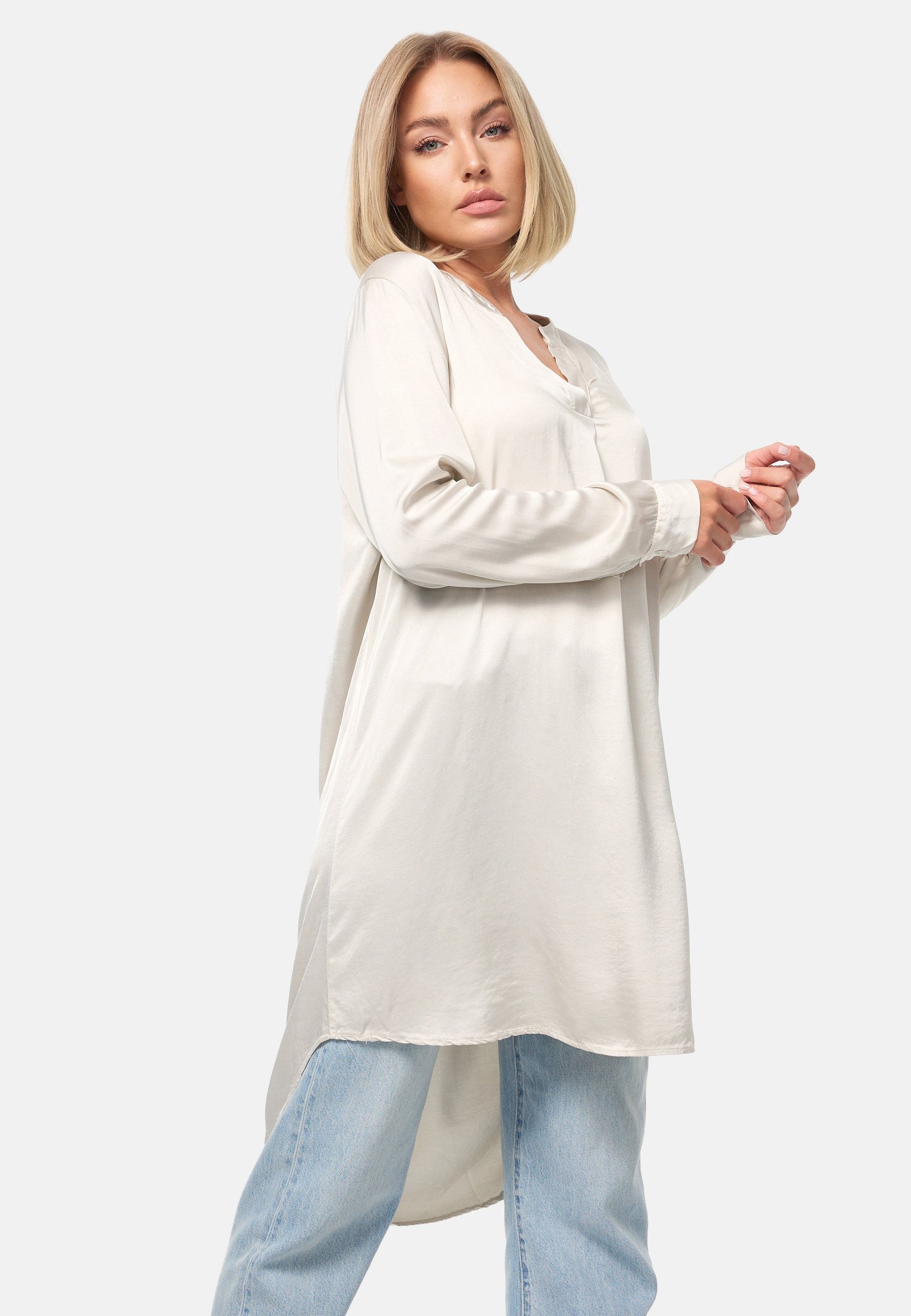 PM SELECTED Longbluse PM-07 (Elegante Satin Light Oversize Business Long Bluse in Einheitsgröße)