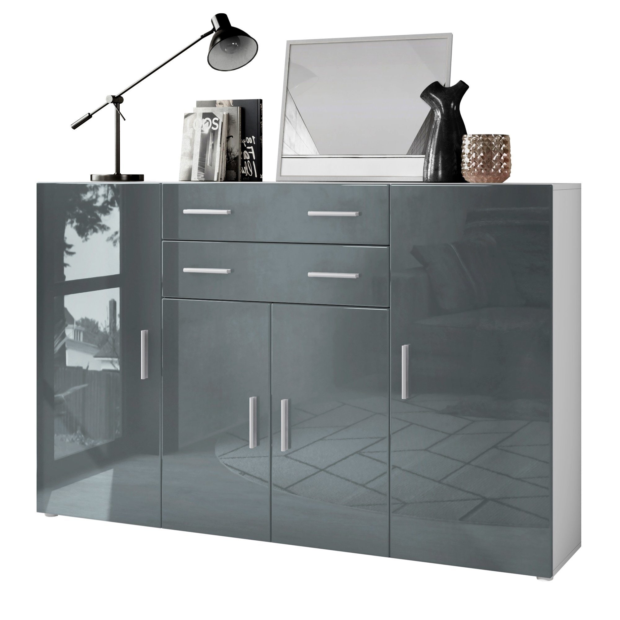 Vladon Highboard Aron (Anrichte, mit 4 Türen und 2 Schubladen), Weiß matt/Grau Hochglanz (166,5 x 106,5 x 35 cm)
