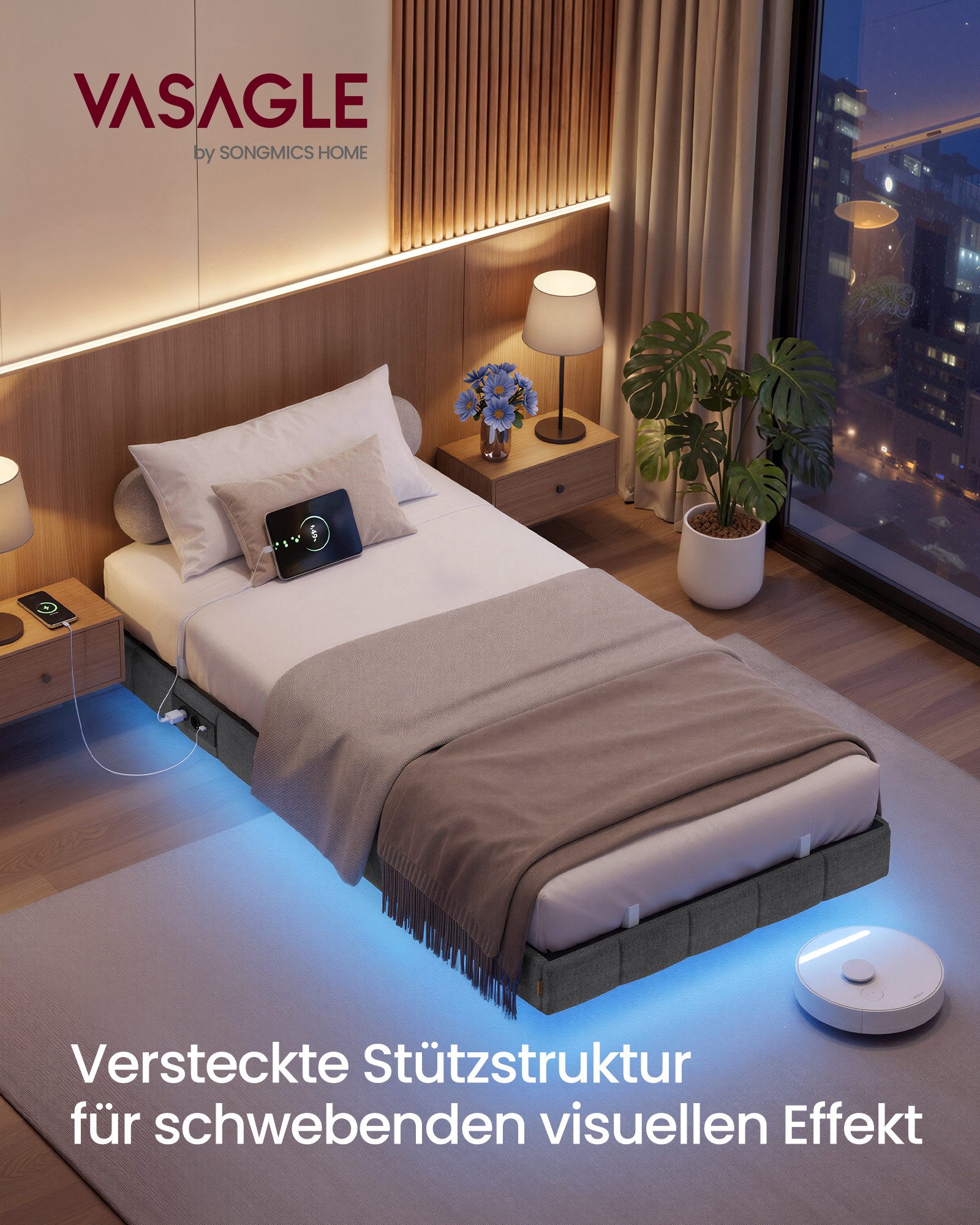 VASAGLE Polsterbett, Bettrahmen, mit LED-Beleuchtung, Bettgestell, schwebender Effekt