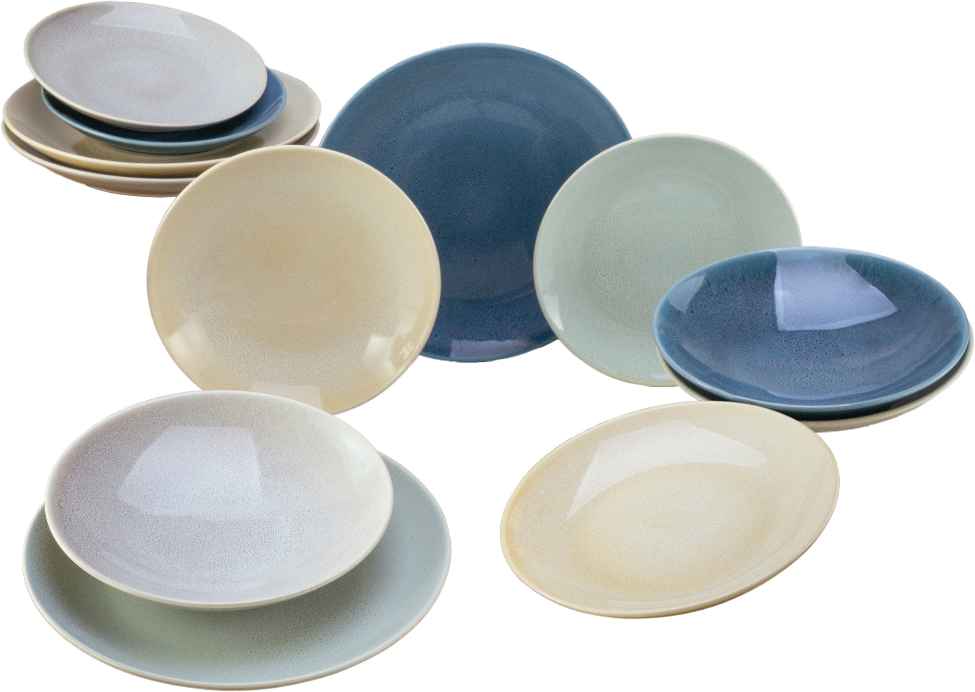 CreaTable Tafelservice Teller Set, Geschirr-Set Reactive (12-tlg), 4 Personen, Steinzeug, Service, nostalgische Spezialglasur, 12 Teile, für 4 Personen