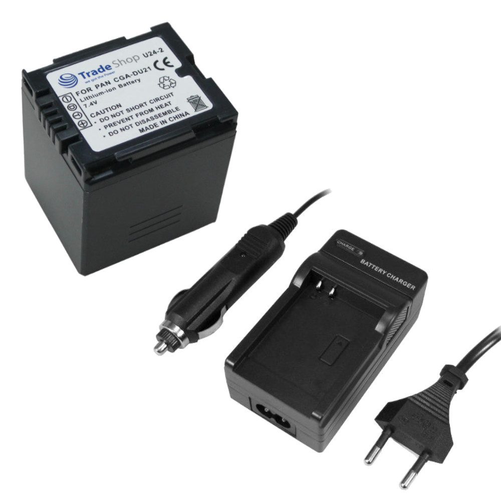 Trade-Shop 2in1 Set passend für Panasonic VW-VBD140 VW-VBD210 Ladegerät + Kamera-Akku Li-Ion 2800 mAh (7,4 V), Für 220V Steckdose und 12V/24V Kfz Zigarettenanzünder