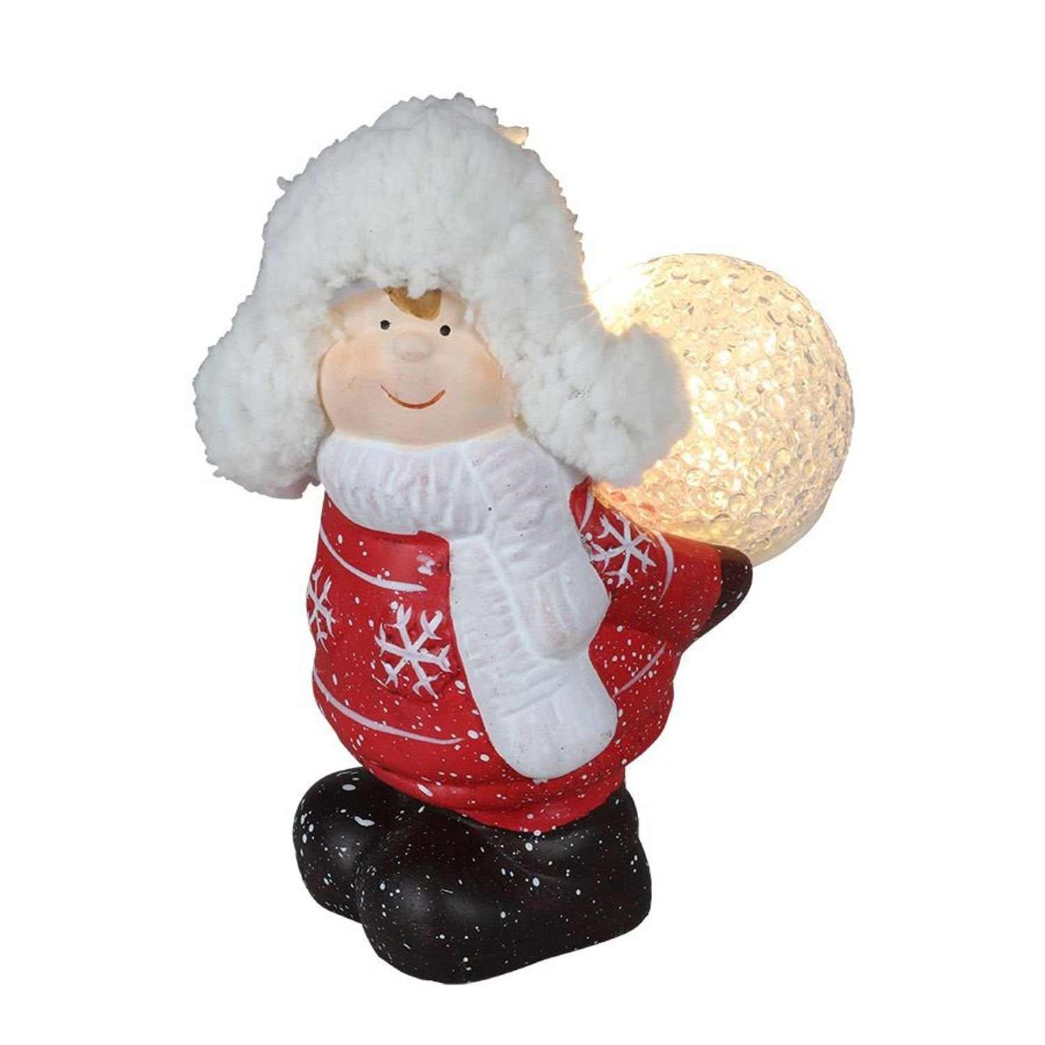 EDCO Dekofigur Keramik-Kinderfigur stehend mit LED-Schneeball Dekofigur Weihnachtsdek rot