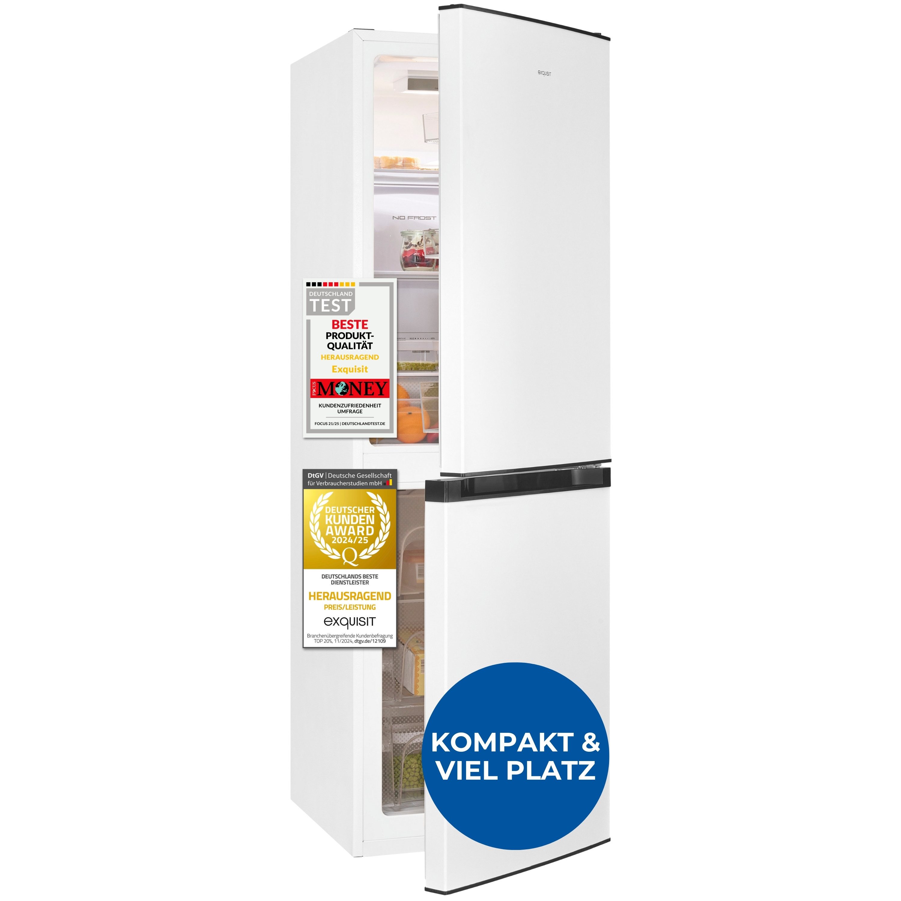 exquisit Kühl-/Gefrierkombination KGC5195-65-NF-330E, 157.5 cm hoch, 48.5 cm breit, No-Frost-Technik, LED-Beleuchtung, wechselbarer Türanschlag