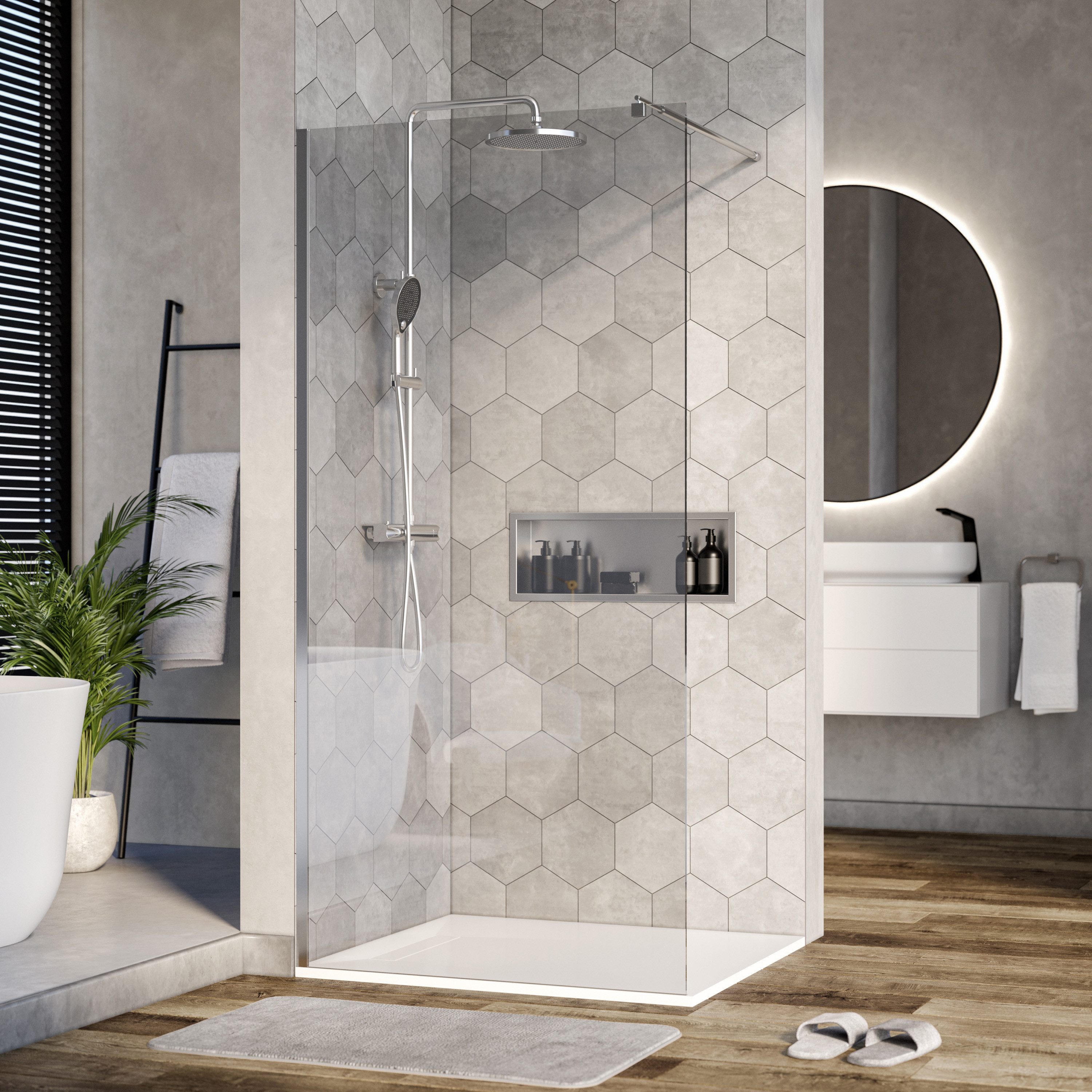 Bernstein Walk-in-Dusche EX101, Einscheibensicherheitsglas (ESG), (1 tlg), Klarglas, 10 mm, rahmenlos, Profil Chrom