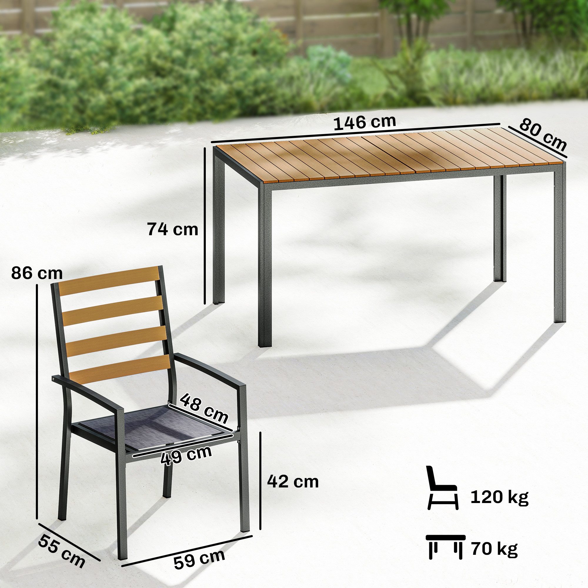 Outsunny Garten-Essgruppe Sitzgarnitur mit 1 Esstisch, 6 Stühlen, Kissen, (Gartenmöbel-Set, 7-tlg., Sitzgruppe), für Terrasse, Naturholz