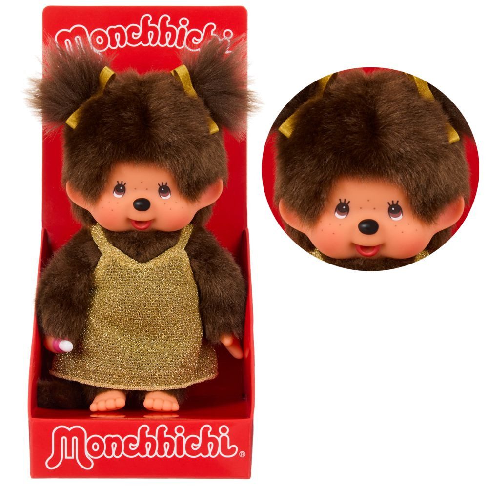 Monchhichi Plüschfigur Mädchen im gold Glitter-Kleid 20 cm Monchhichi Puppe zwei Zöpfe