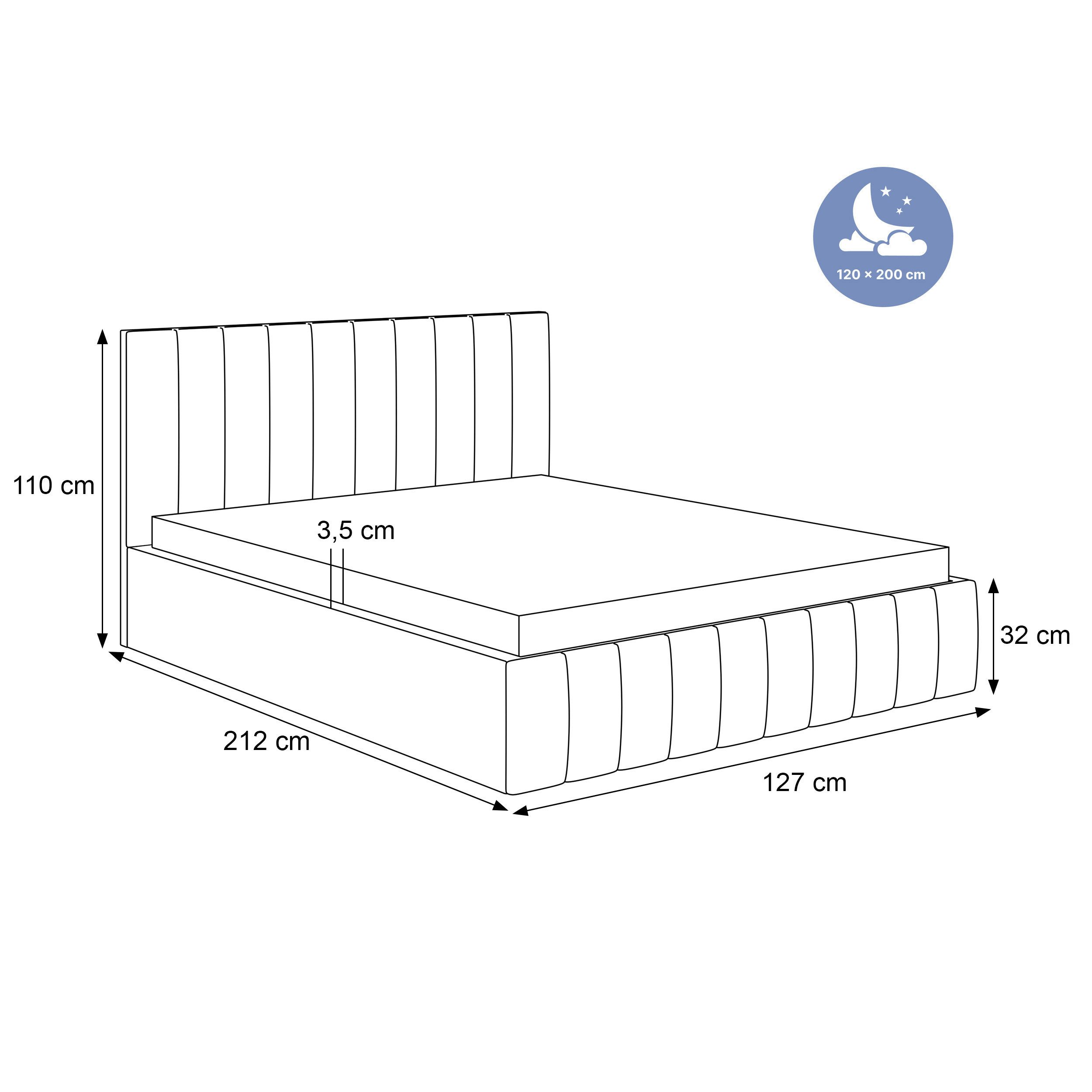 Goldstoff Polsterbett Elegantes Bett "ELVANO" mit hohem Kopfteil und großem Stauraumfach (120–200x200 cm, Kopfteilhöhe: 90/110 cm, Seitenhöhe: 25/40 cm), Schlaf – Bild 3 von 5