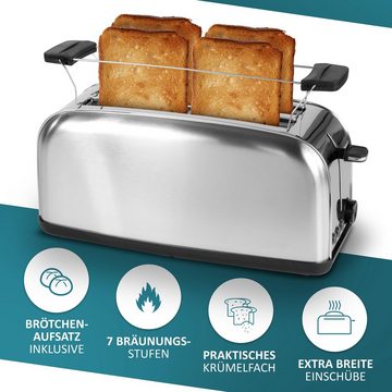 STEINBORG Toaster SB-2070, 2 lange Schlitze, für 4 Scheiben, 1400 W, Edelstahl Gehäuse,Brötchenaufsatz,Krümelschublade
