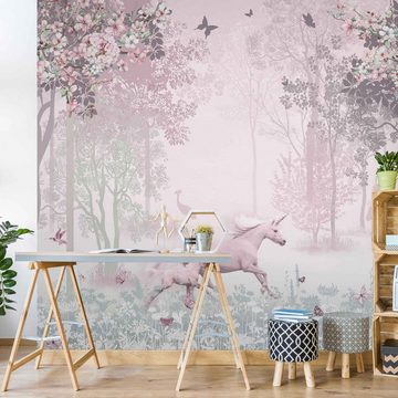 Bilderdepot24 Kindertapete Kinderzimmer Einhorn Blumenwiese Rosa Kinder Wanddeko Wald Bäume, Glatt, Matt, (Inklusive Gratis-Kleister oder selbstklebend), Mädchenzimmer Jungenzimmer Babyzimmer Bildtapete Fototapete Wandtapete