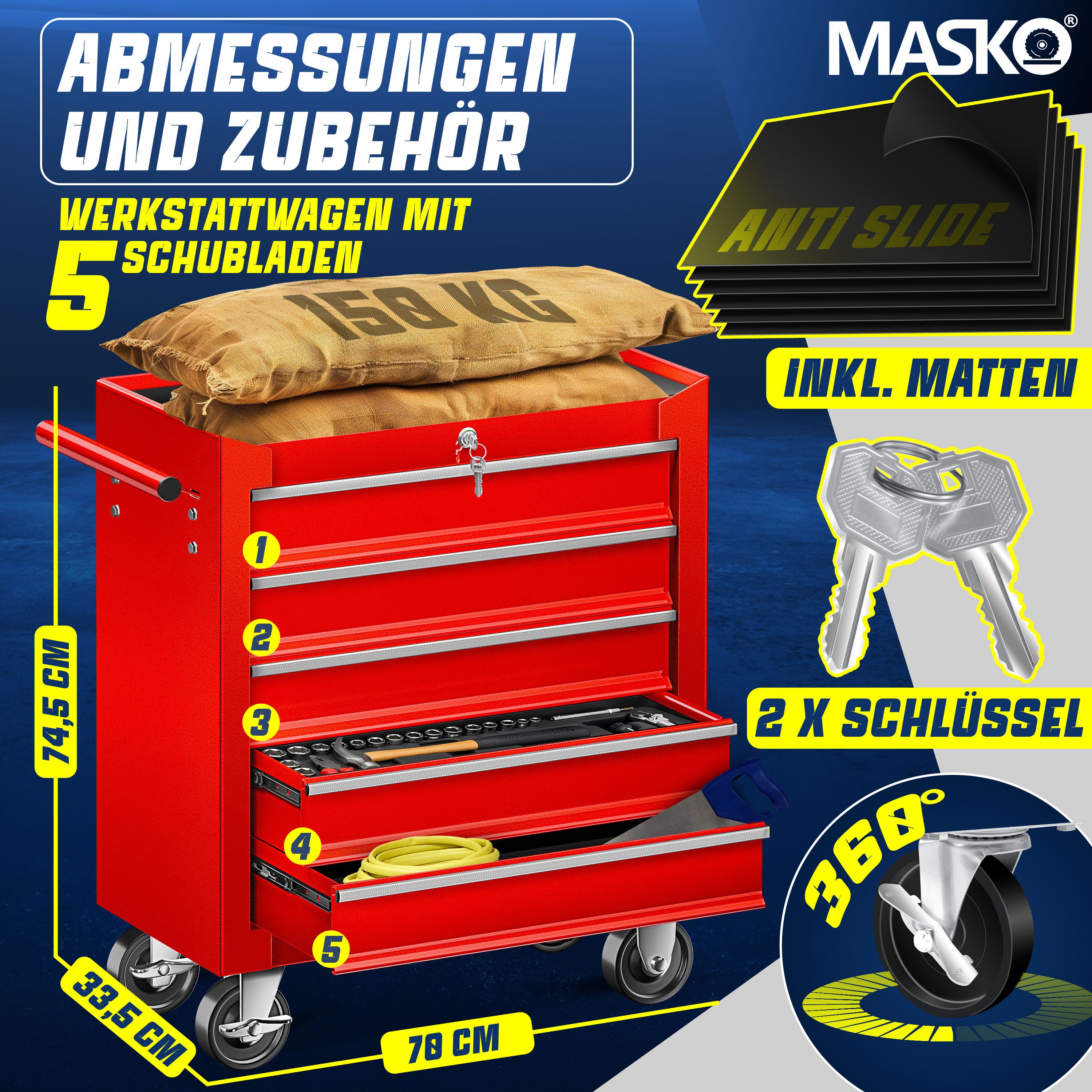 MASKO Werkstattwagen, 5 Fächer Rot, Werkzeugwagen günstig online kaufen