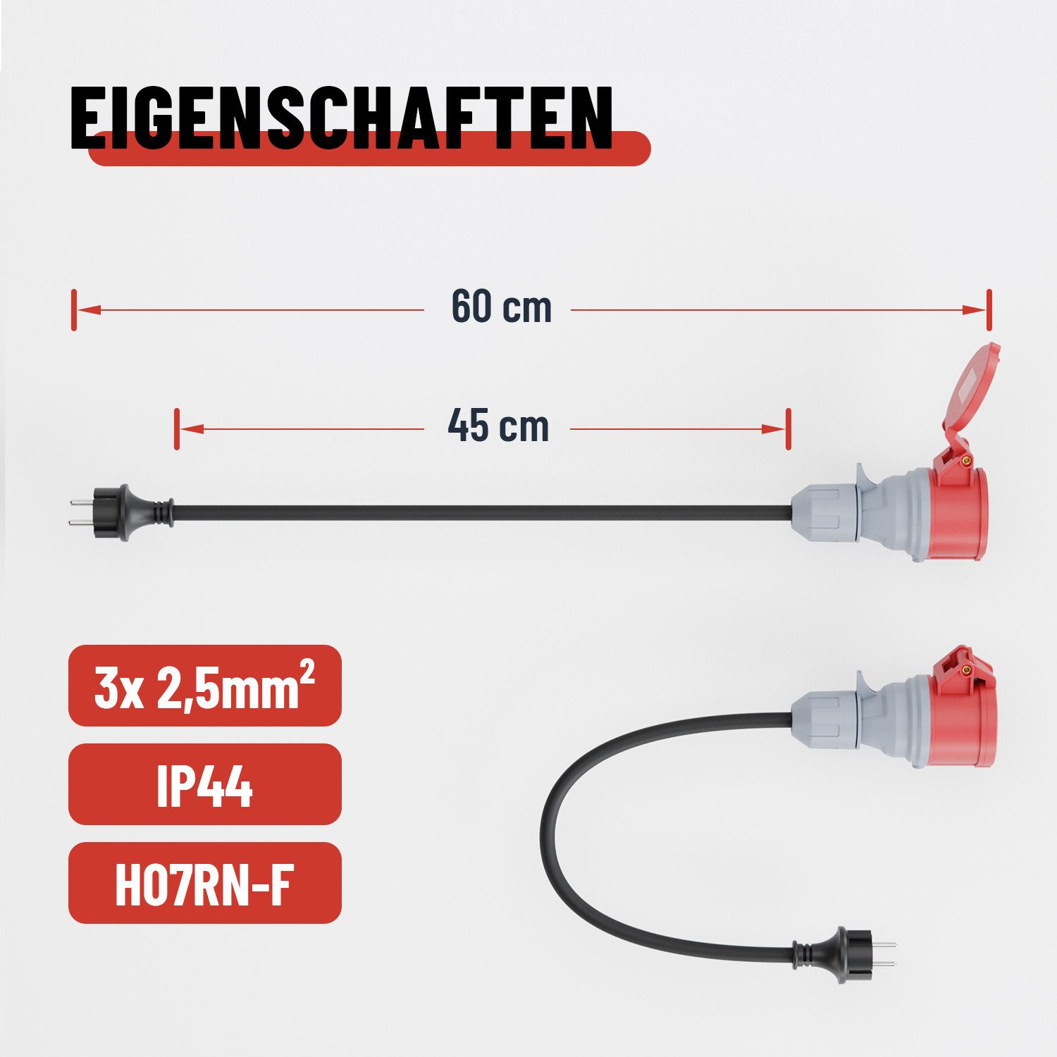 ABSINA 1x Adapter Schuko Stecker auf CEE Kupplung 60cm Kabel - E Auto Zubehör CEE-Adapterkabel – Bild 5 von 5