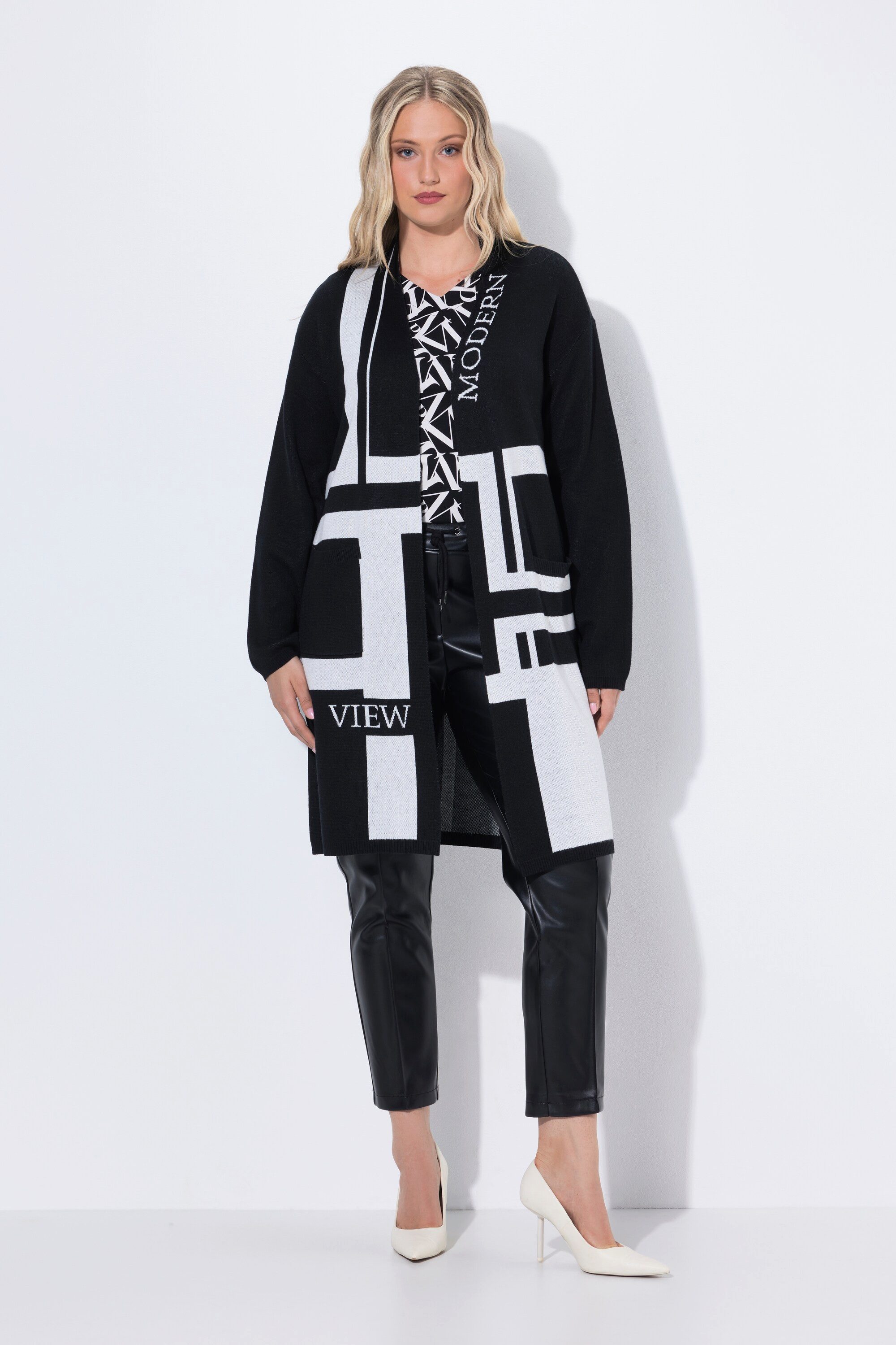 Ulla Popken Strickjacke Long-Strickjacke Jacquardstrick V-Ausschnitt