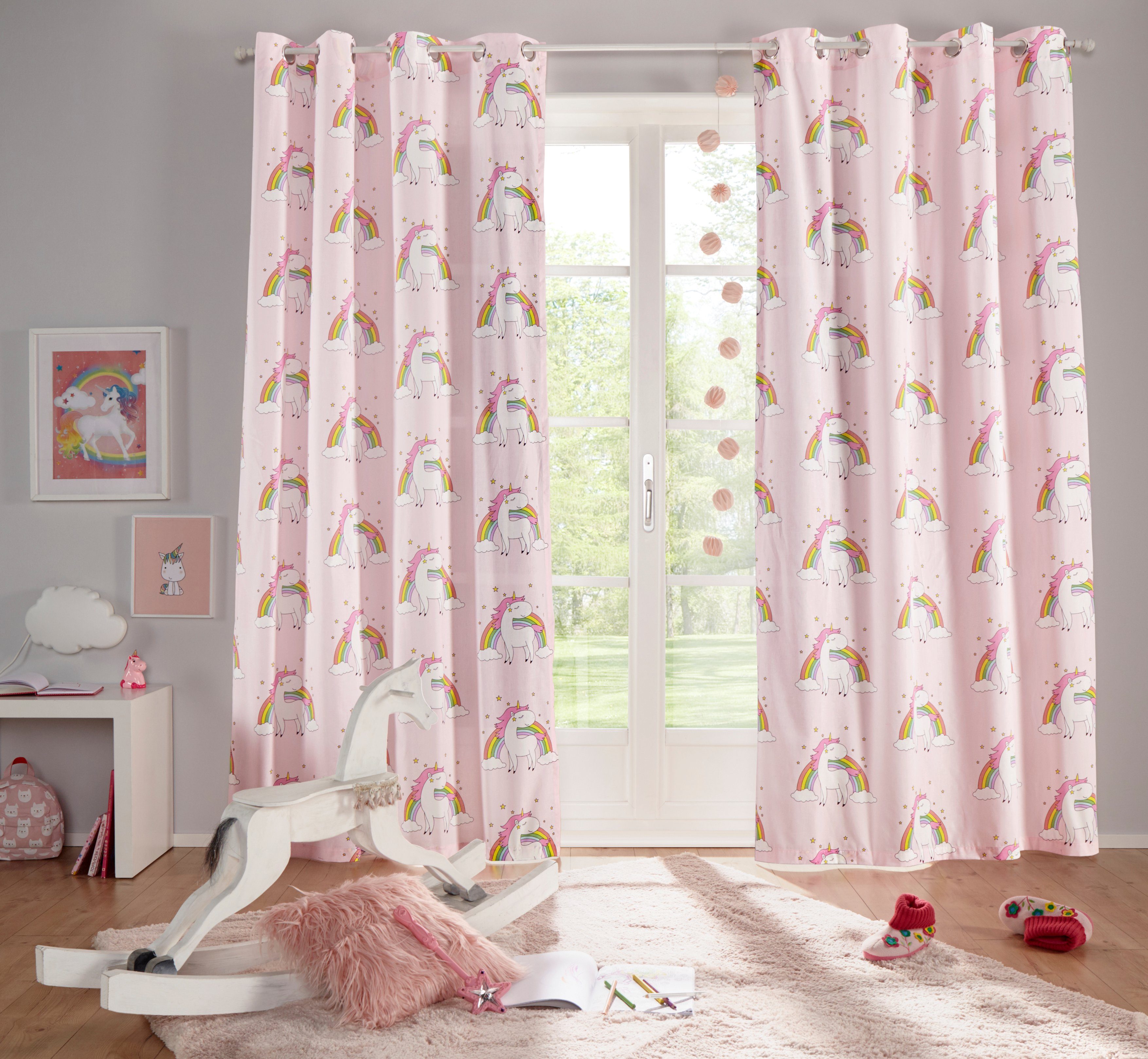 OTTO home Gardine EINHORN (1 St), Ösen, halbtransparent, Kindergardine, Einhorn, Regenbogen, einseitig bedruckt