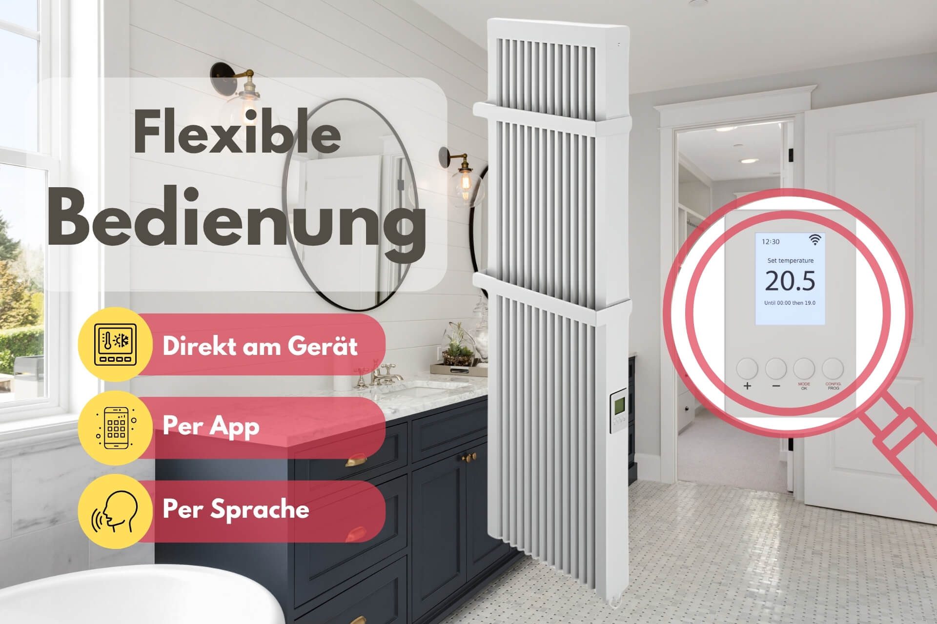 eVARMO Elektro-Heizkörper Badheizung areo bano up, elektrische hohe Flächenspeicherheizung, Digitales Thermostat mit LCD-Display und 4 Knöpfen