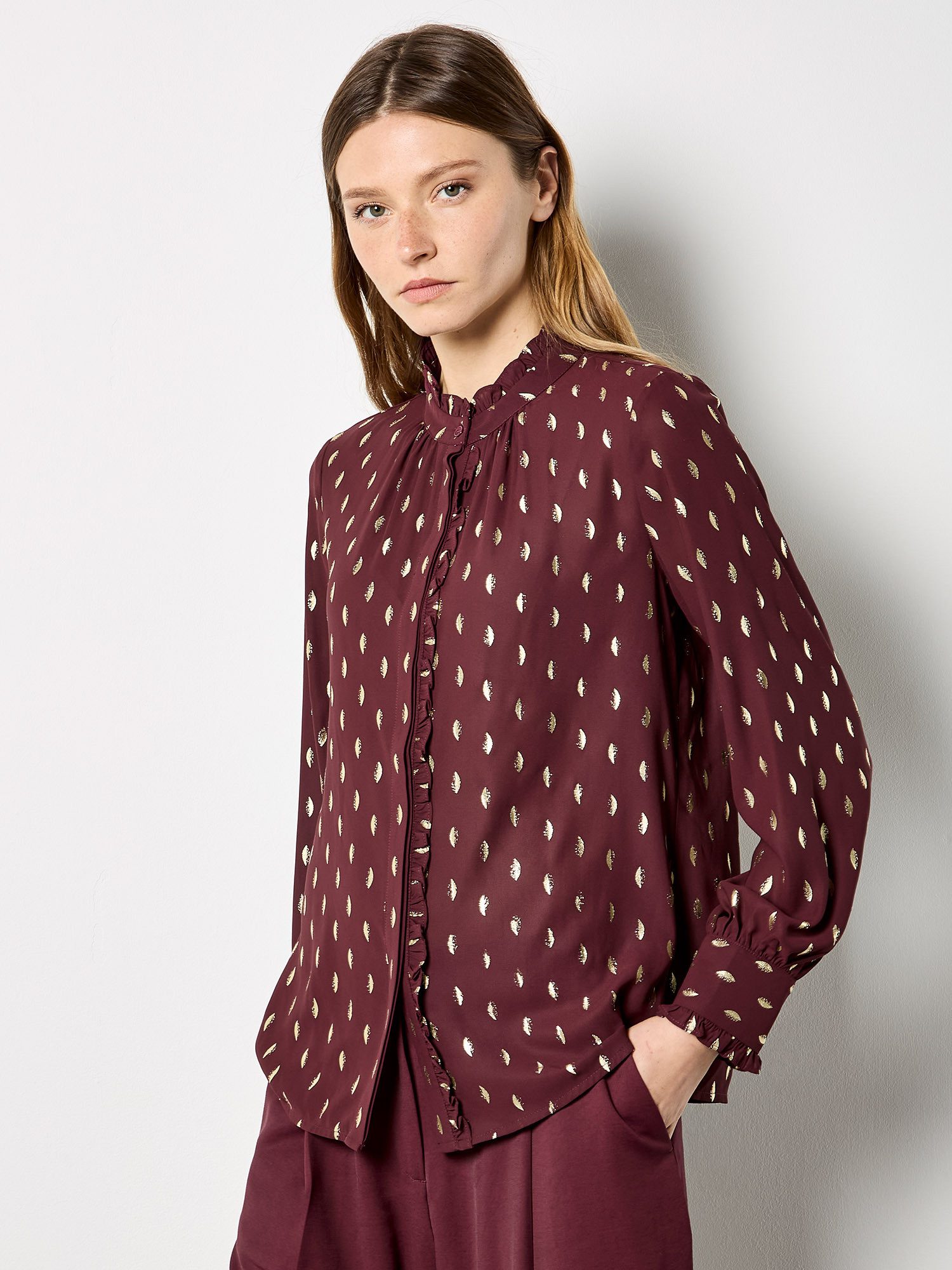 Apricot Rüschenbluse Rüschenbluse mit Goldfoliendruck