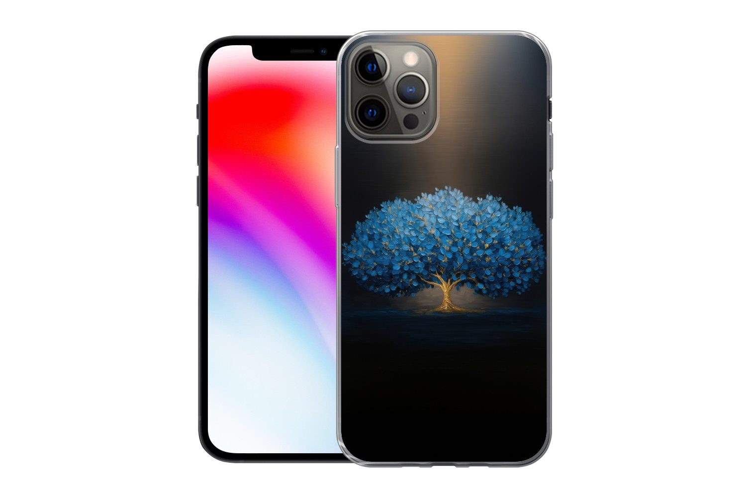 MuchoWow Handyhülle für Apple iPhone 12 Pro Baum - Blau - Blätter - Pinselstriche, Smartphone-Bumper, Print, Handy Schutzhülle Dünn
