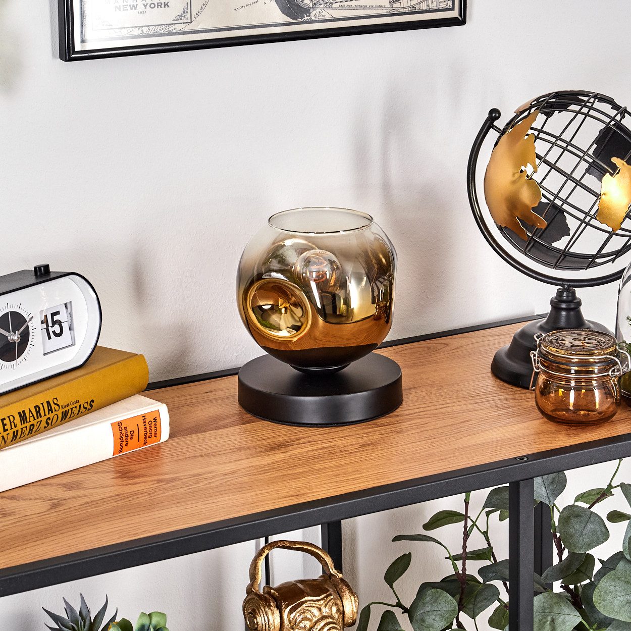 hofstein Tischleuchte Tischlampe aus Metall/Glas in Schwarz/Gold/Klar, ohne Leuchtmittel, mit Glasschrim(15cm), Schalter am Kabel, 1 x E27, ohne Leuchtmittel